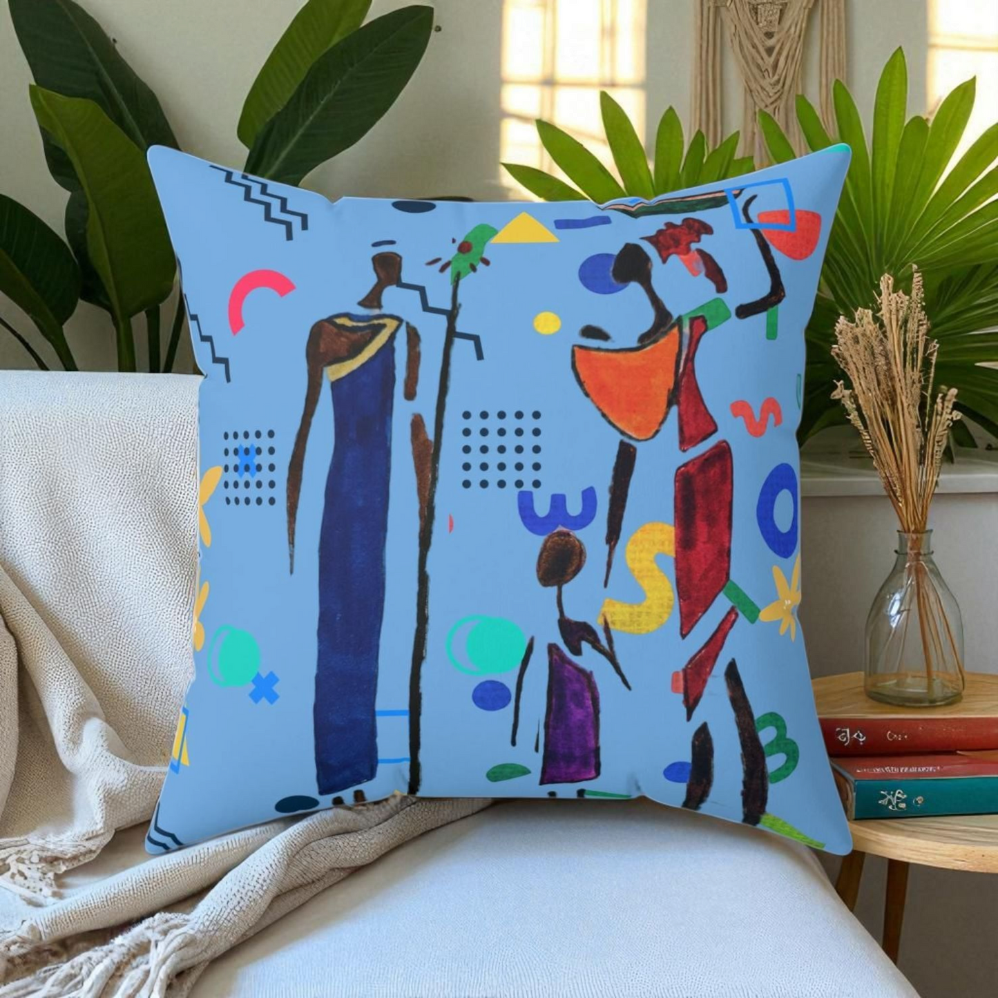 Ethnic Family Doodle Spun Polyester Square Pillow - Handcrafted Accent Throw Cushion