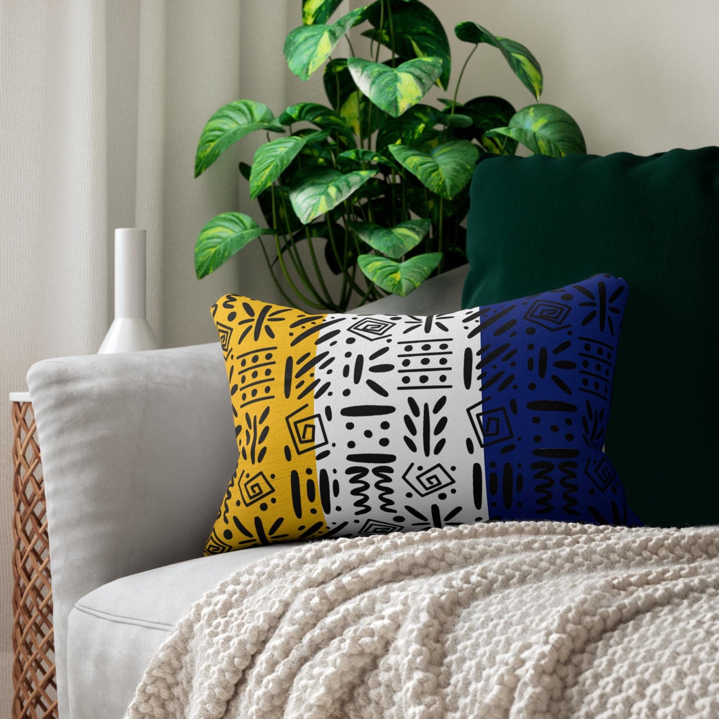 Boho Spun Polyester Lumbar Pillow with Tribal Pattern Water-resistant Hidden Zipper