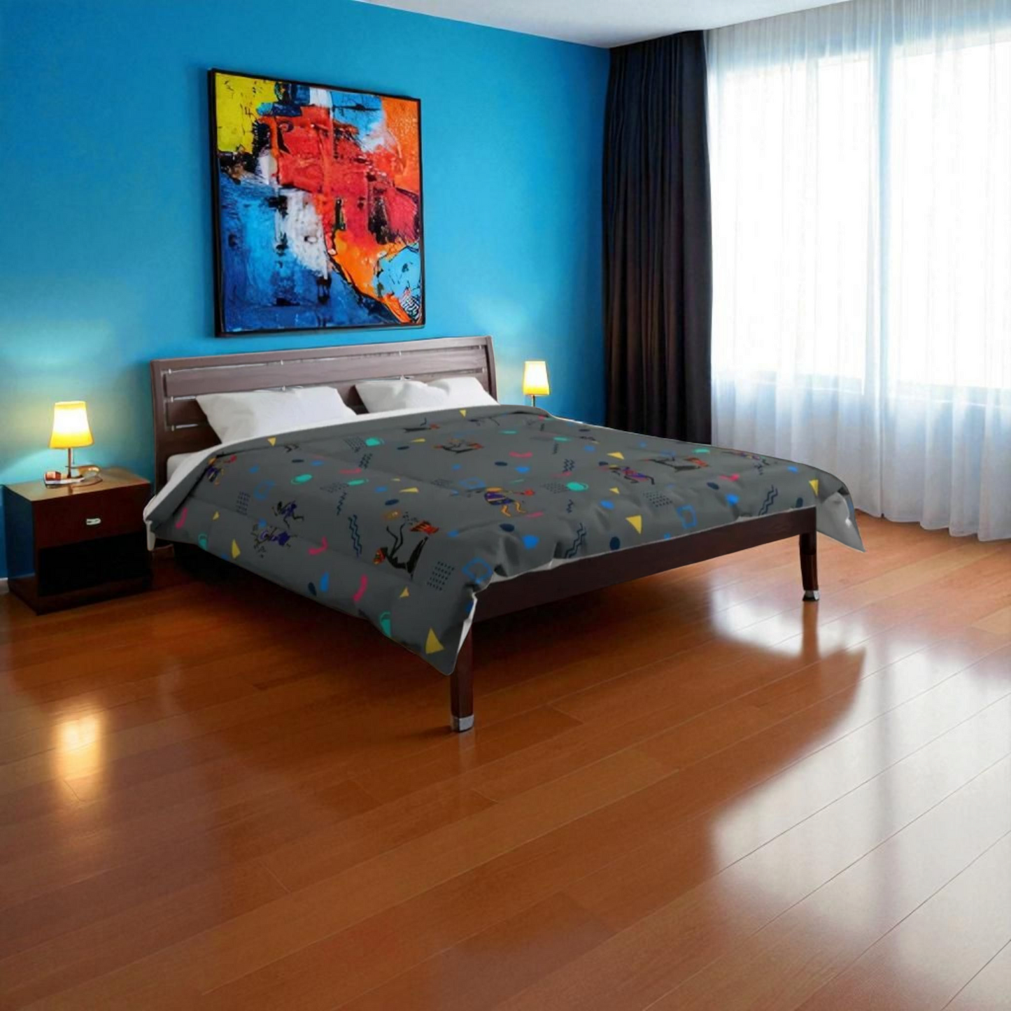 Afro Music Cartoon Comforter, Handcrafted Bedspread for Music Lovers, Unique African Art Comforter
