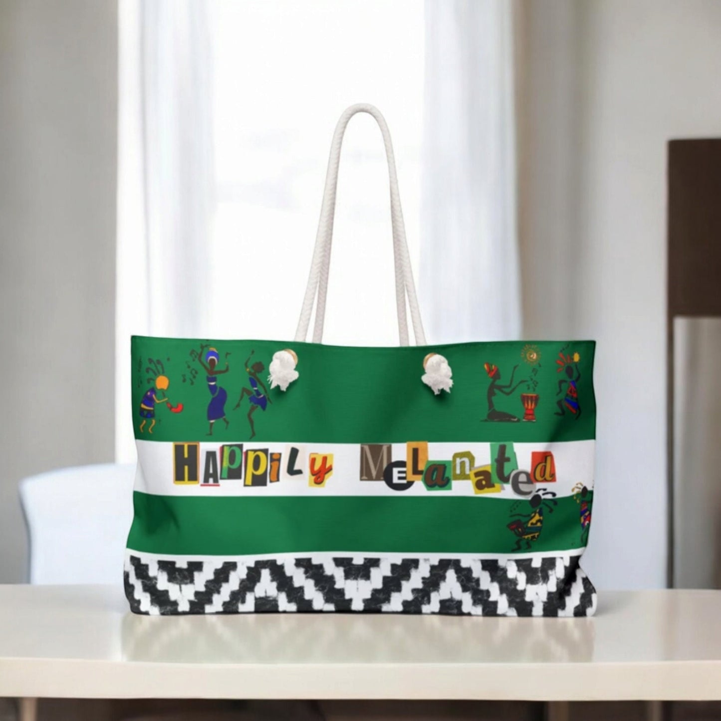 Handcrafted Ethnic Music Art Weekender Bag - Oversized, Durable Tote with Rope Handles