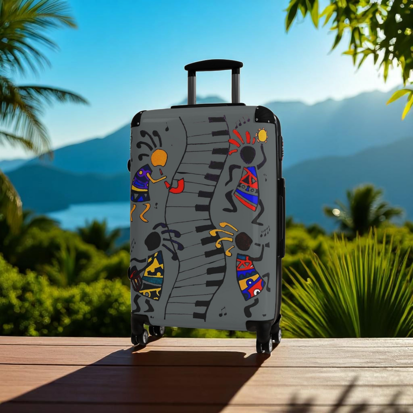 Suitcase, Afro Music Cartoon Suitcase, Handcrafted Luggage Bag, Traveler Gift