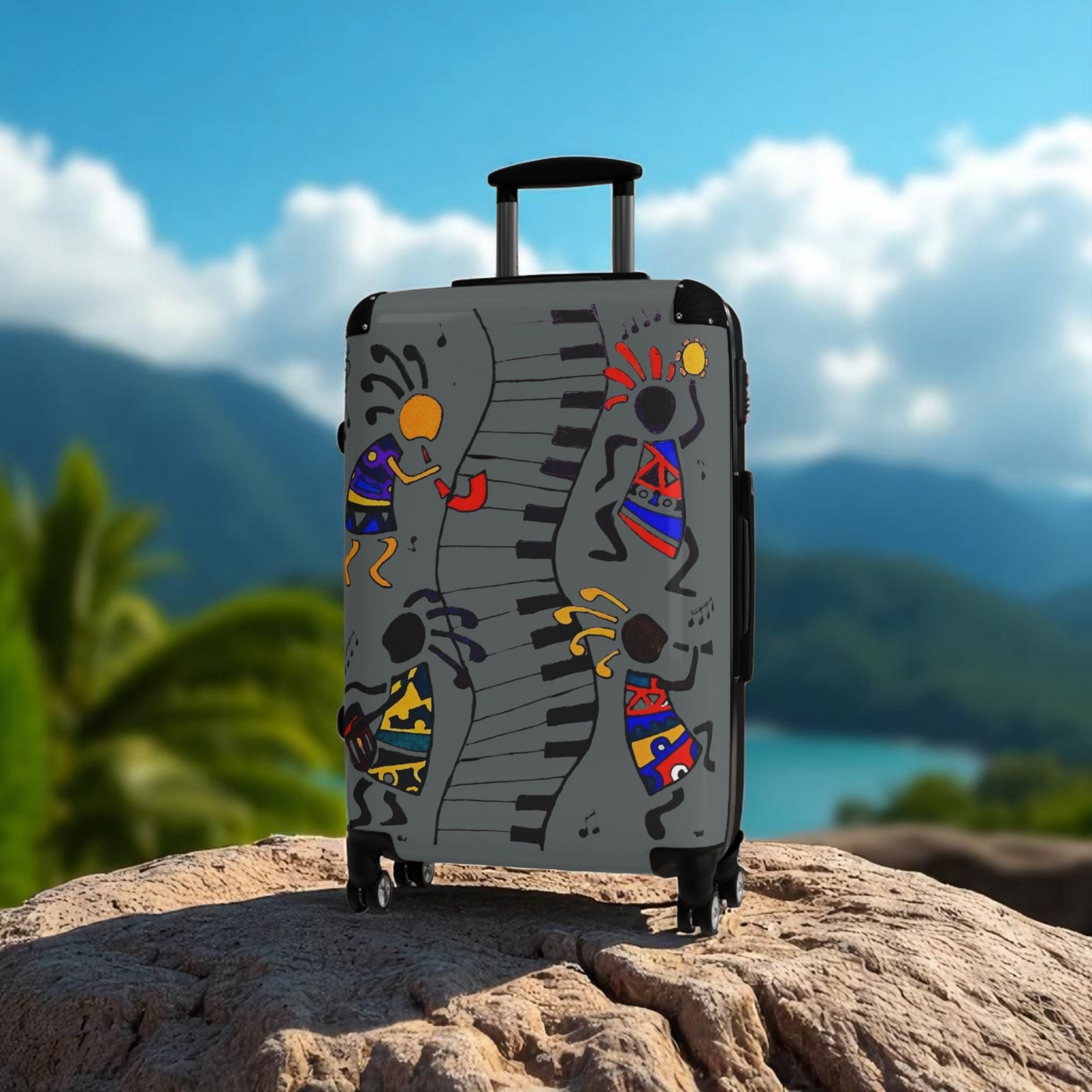 Suitcase, Afro Music Cartoon Suitcase, Handcrafted Luggage Bag, Traveler Gift