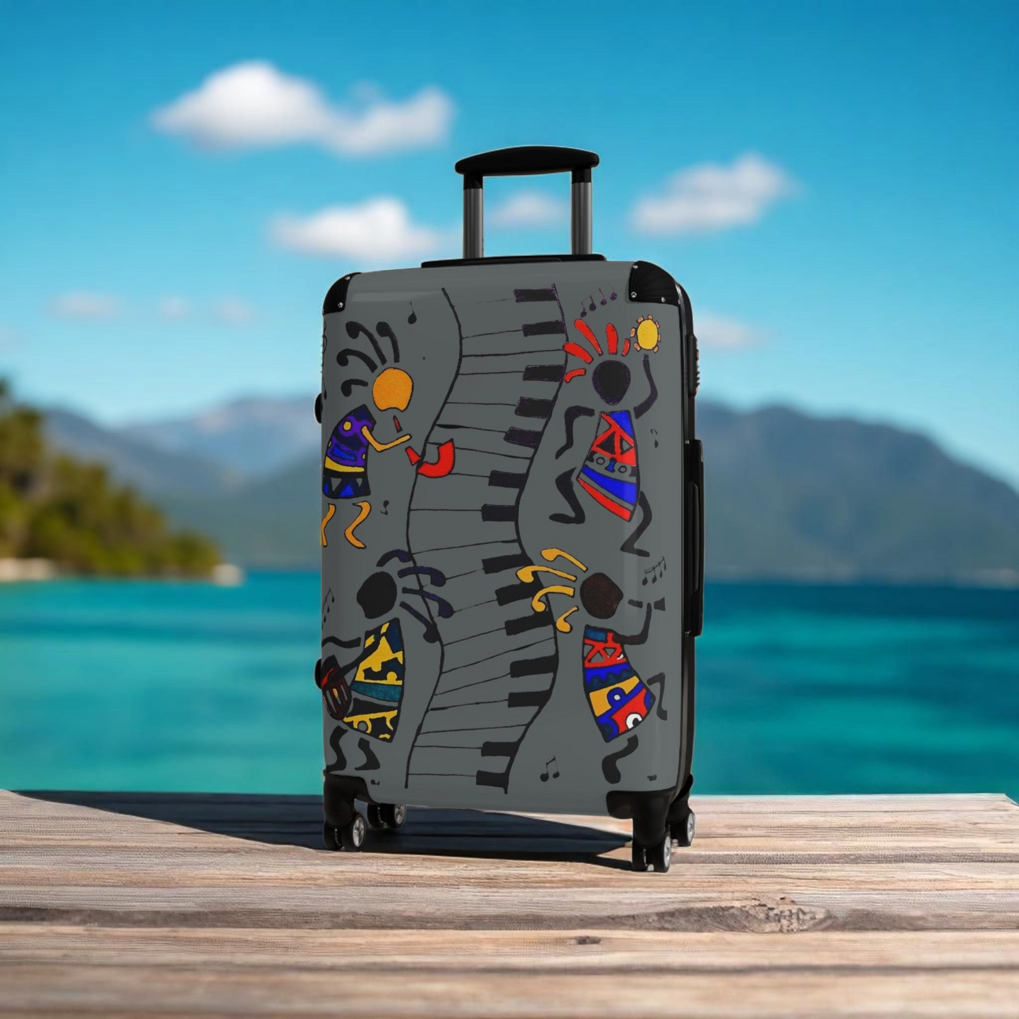 Suitcase, Afro Music Cartoon Suitcase, Handcrafted Luggage Bag, Traveler Gift