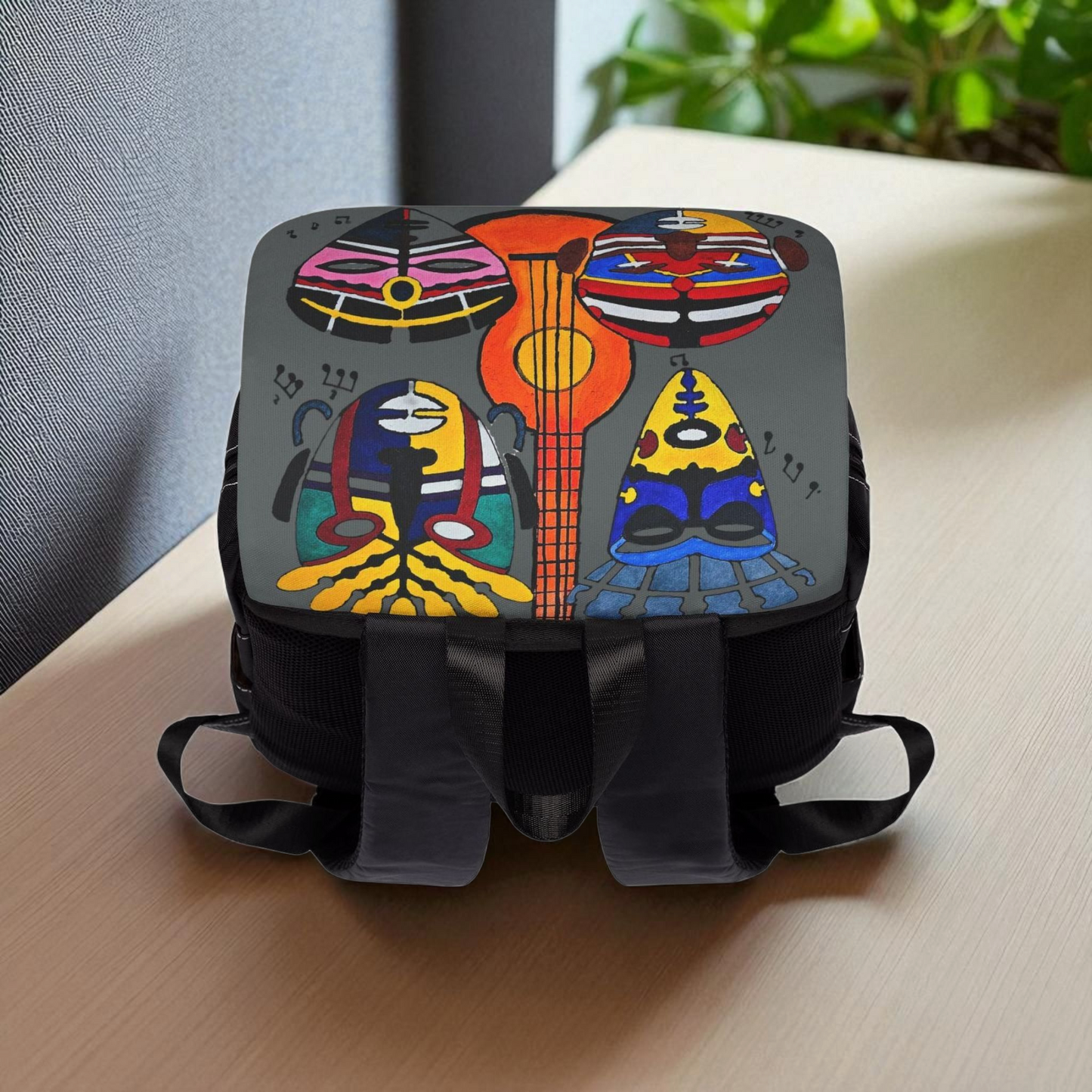 Afro Music Guitar Cartoon Backpack, Handcrafted Unisex Shoulder Bag, Music Lover Gift