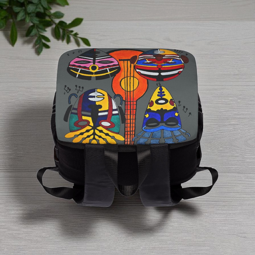 Afro Music Guitar Cartoon Backpack, Handcrafted Unisex Shoulder Bag, Music Lover Gift