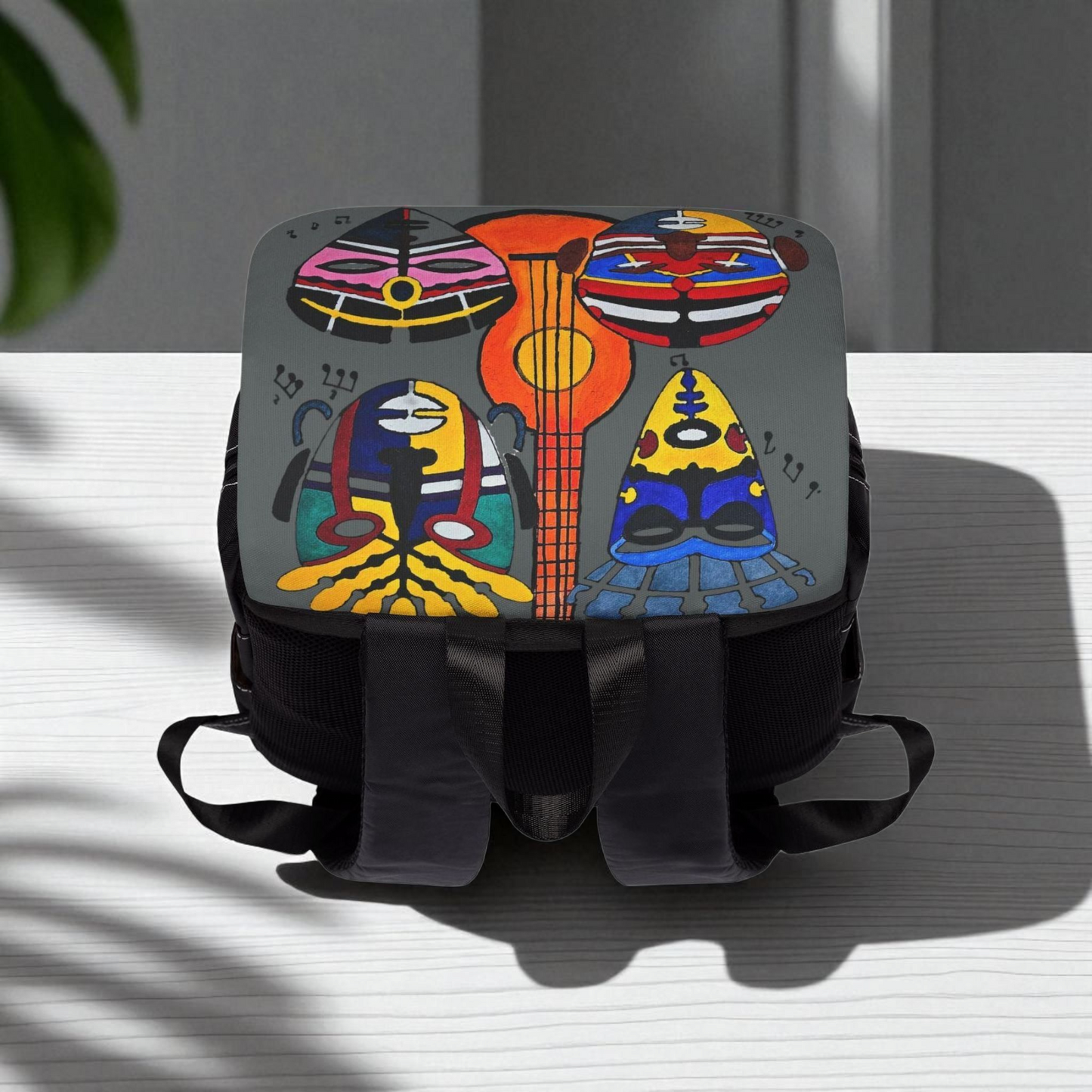 Afro Music Guitar Cartoon Backpack, Handcrafted Unisex Shoulder Bag, Music Lover Gift