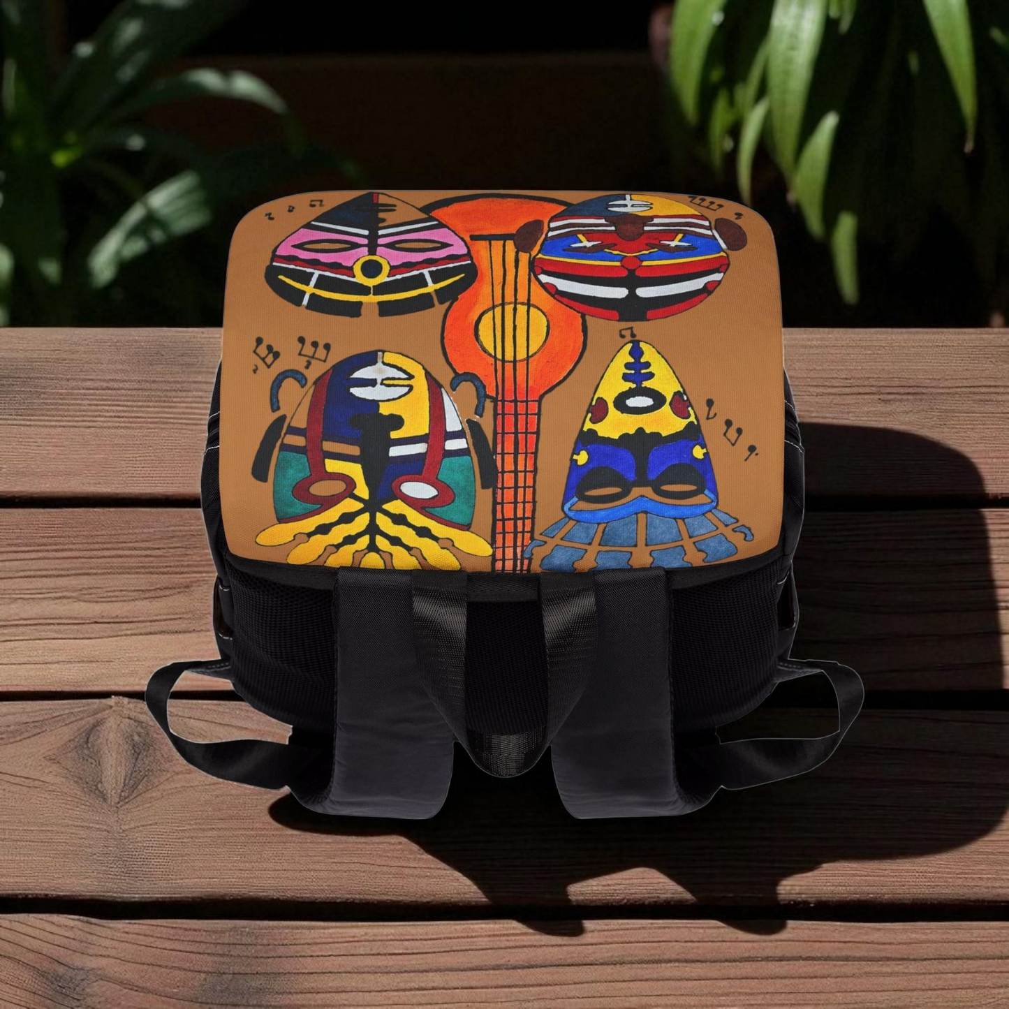 Afro Music Guitar Cartoon Backpack, Handcrafted Unisex Shoulder Bag, Music Lover Gift