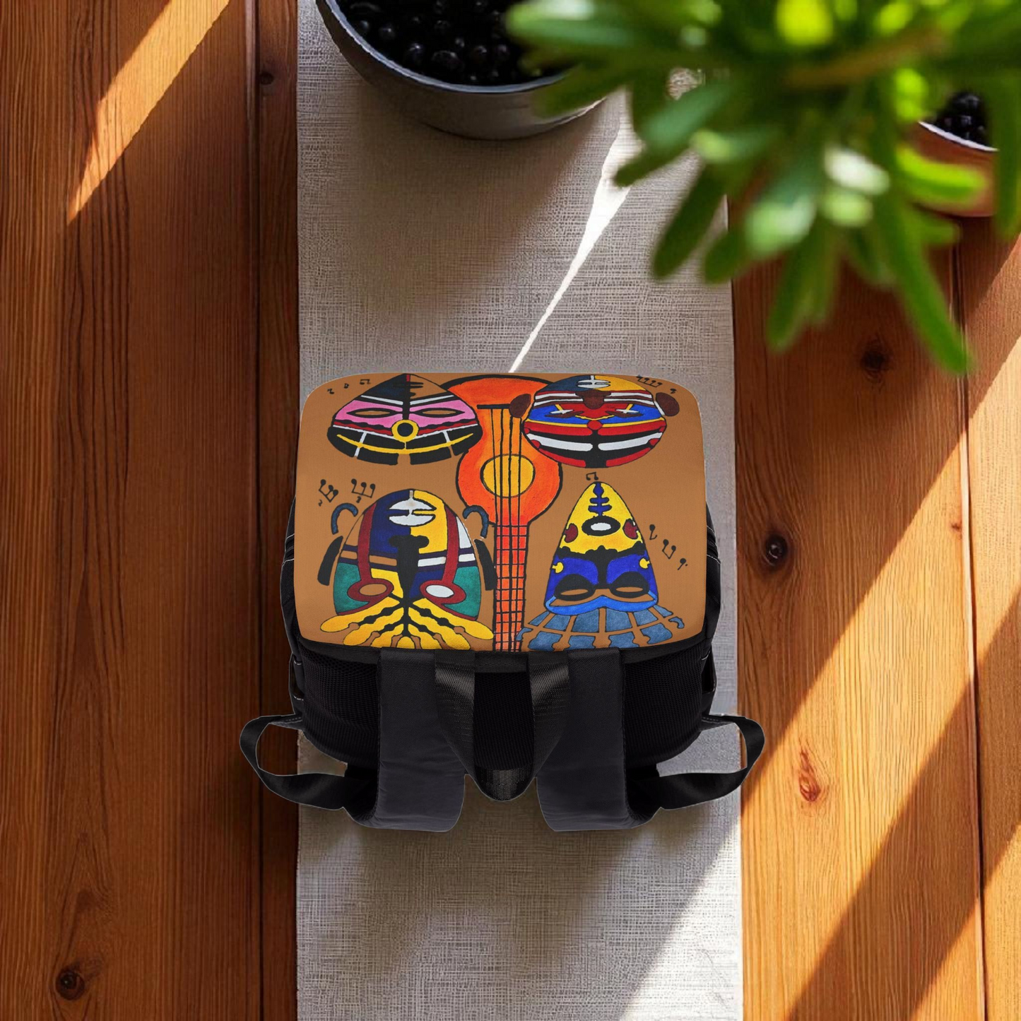 Afro Music Guitar Cartoon Backpack, Handcrafted Unisex Shoulder Bag, Music Lover Gift