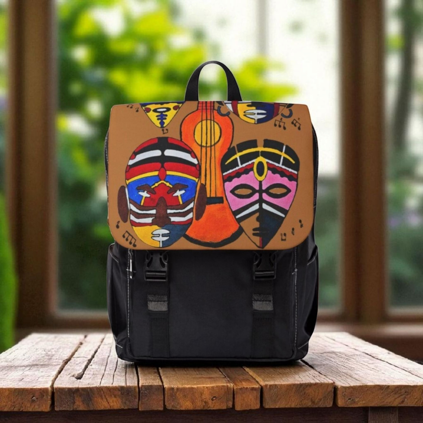 Afro Music Guitar Cartoon Backpack, Handcrafted Unisex Shoulder Bag, Music Lover Gift