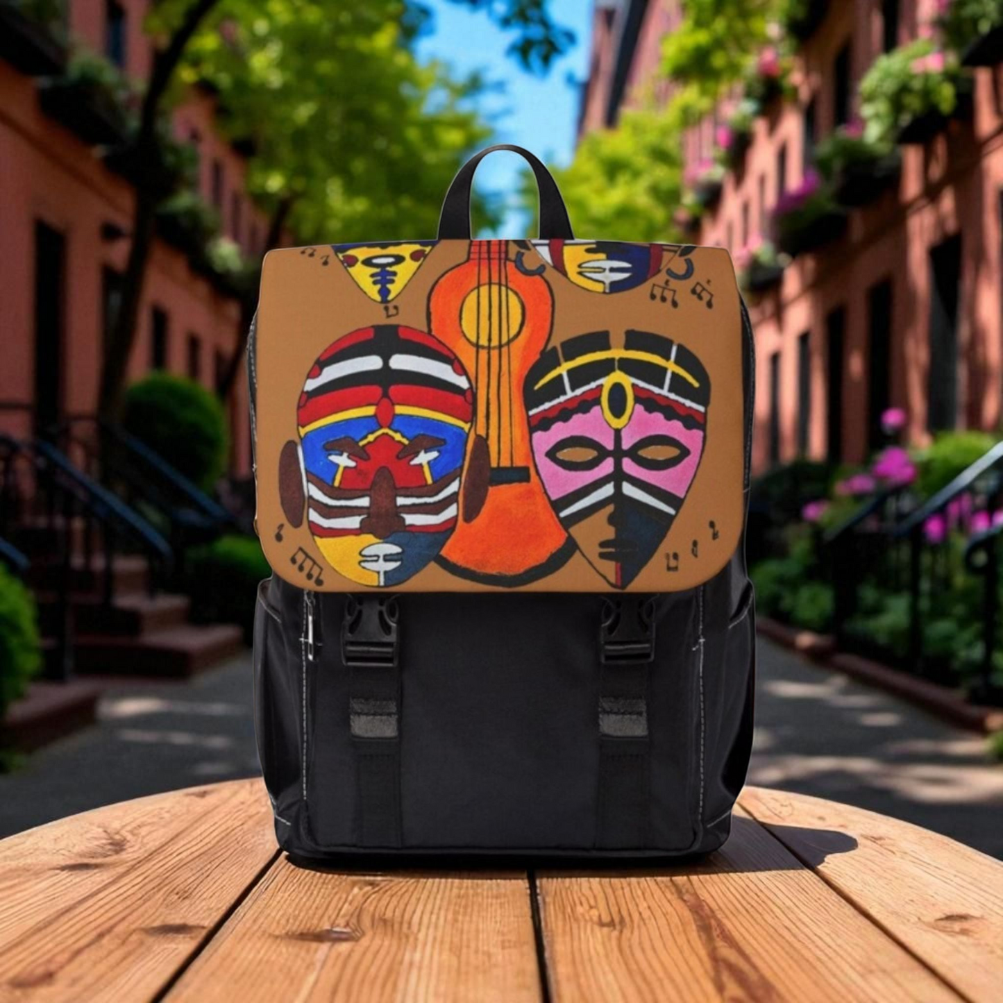 Afro Music Guitar Cartoon Backpack, Handcrafted Unisex Shoulder Bag, Music Lover Gift