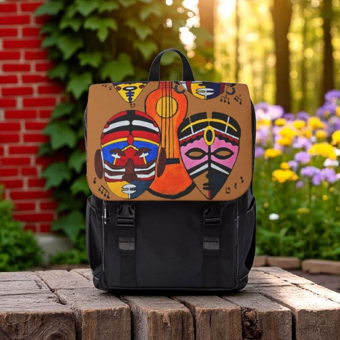 Afro Music Guitar Cartoon Backpack, Handcrafted Unisex Shoulder Bag, Music Lover Gift