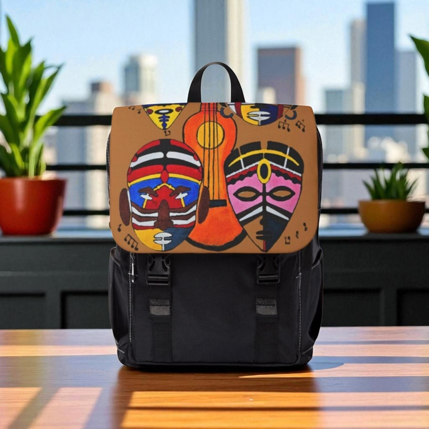 Afro Music Guitar Cartoon Backpack, Handcrafted Unisex Shoulder Bag, Music Lover Gift