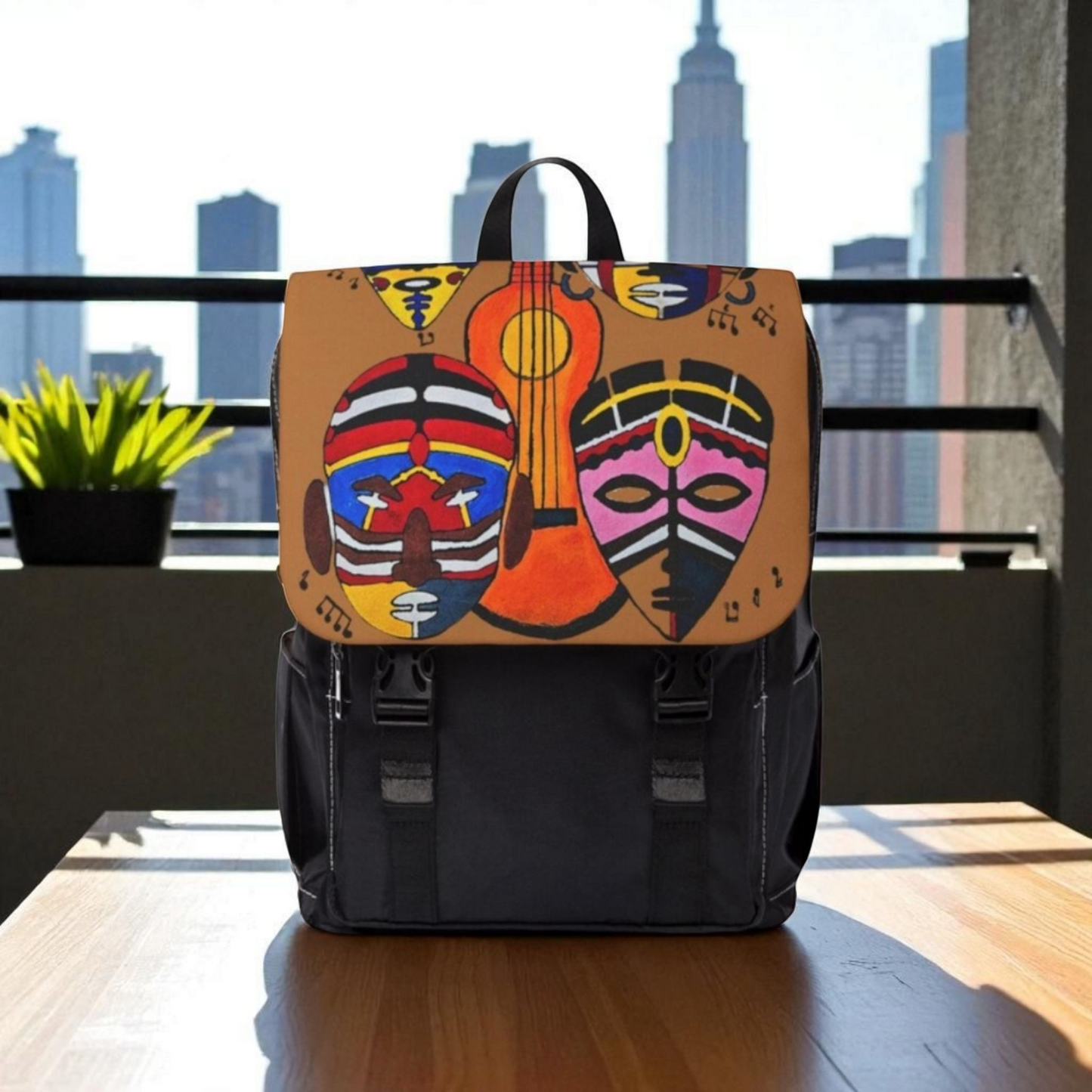 Afro Music Guitar Cartoon Backpack, Handcrafted Unisex Shoulder Bag, Music Lover Gift