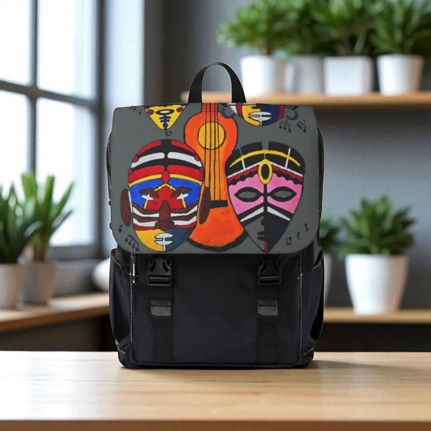 Afro Music Guitar Cartoon Backpack, Handcrafted Unisex Shoulder Bag, Music Lover Gift