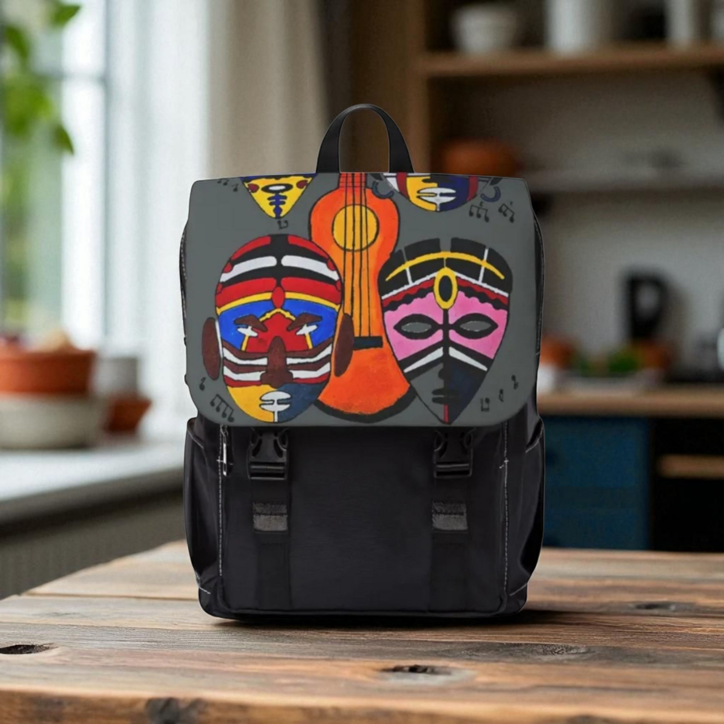 Afro Music Guitar Cartoon Backpack, Handcrafted Unisex Shoulder Bag, Music Lover Gift