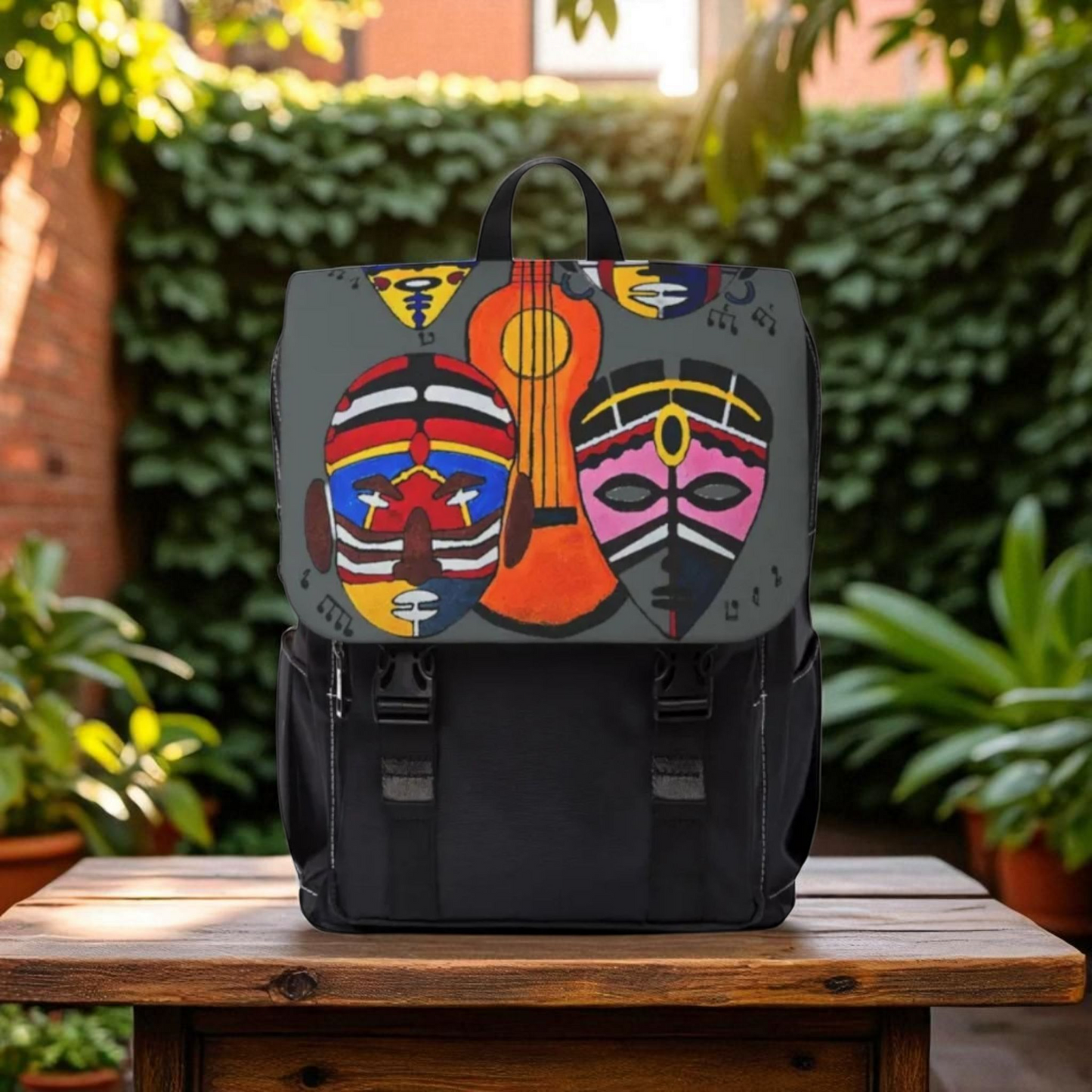 Afro Music Guitar Cartoon Backpack, Handcrafted Unisex Shoulder Bag, Music Lover Gift