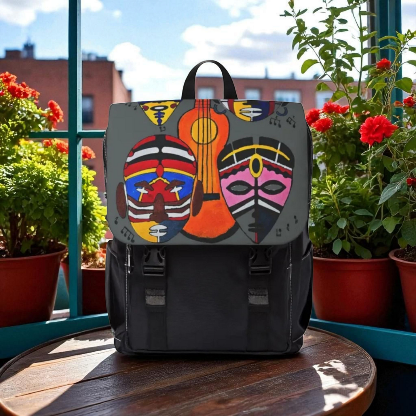 Afro Music Guitar Cartoon Backpack, Handcrafted Unisex Shoulder Bag, Music Lover Gift