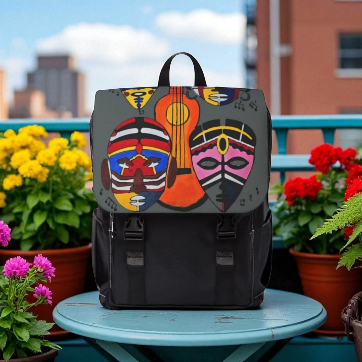 Afro Music Guitar Cartoon Backpack, Handcrafted Unisex Shoulder Bag, Music Lover Gift