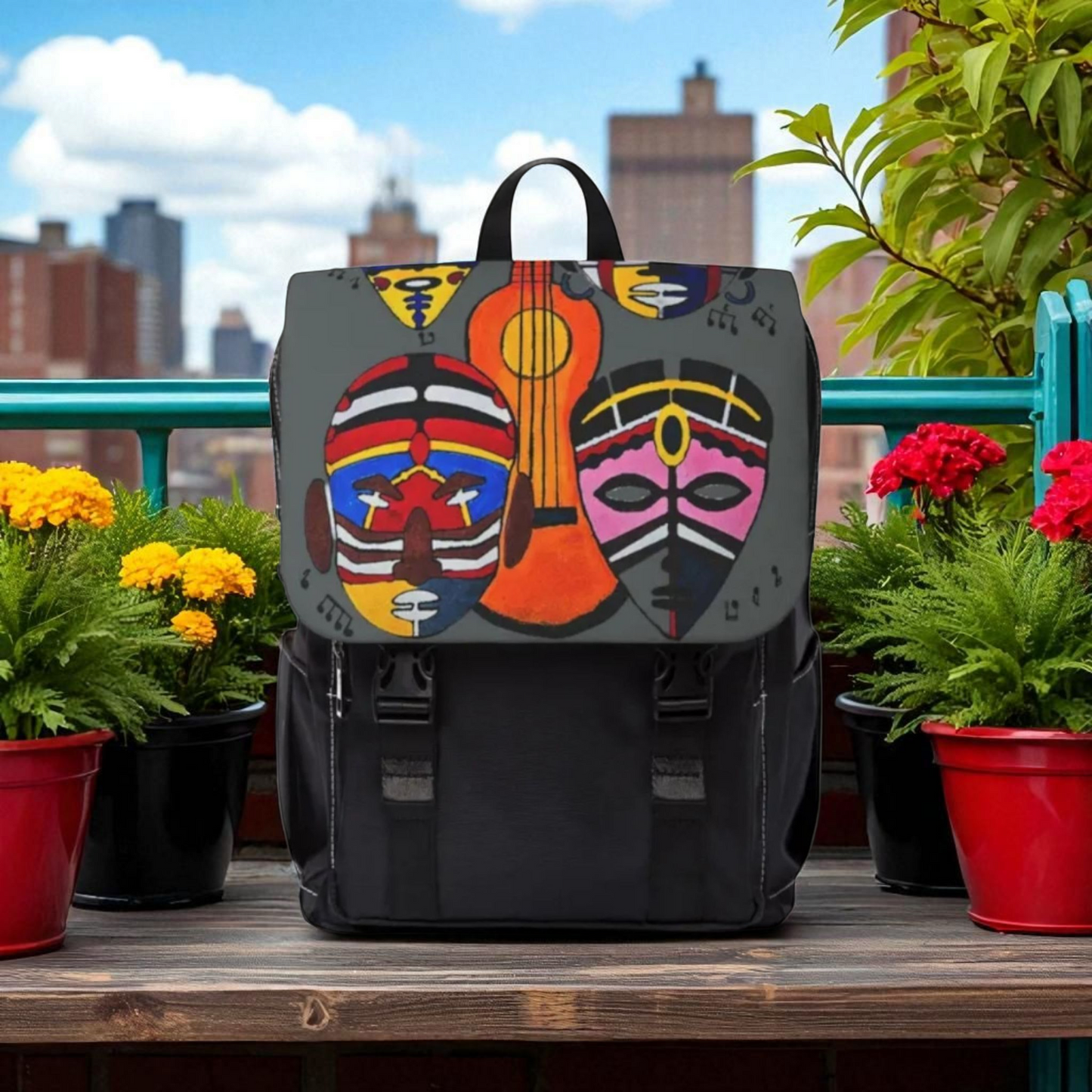 Afro Music Guitar Cartoon Backpack, Handcrafted Unisex Shoulder Bag, Music Lover Gift