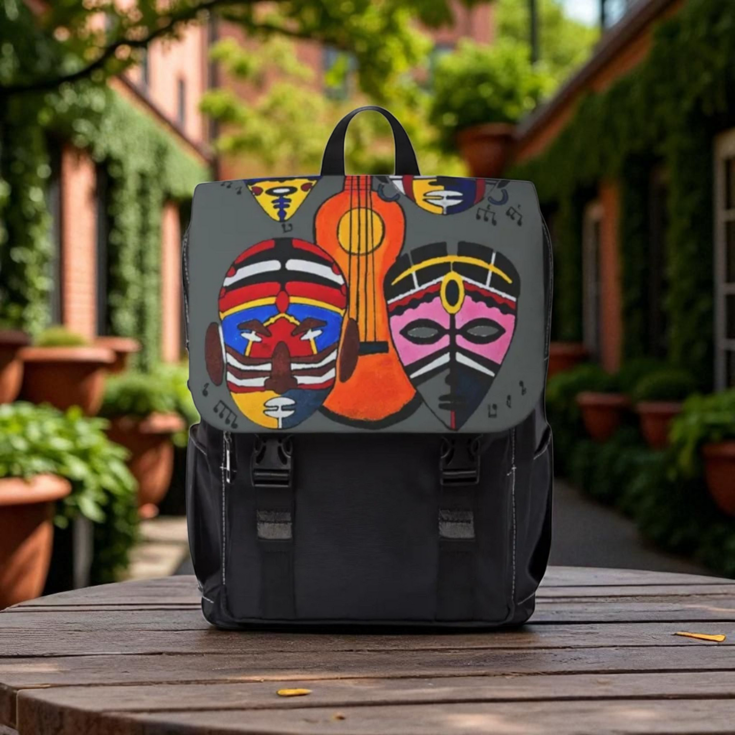 Afro Music Guitar Cartoon Backpack, Handcrafted Unisex Shoulder Bag, Music Lover Gift