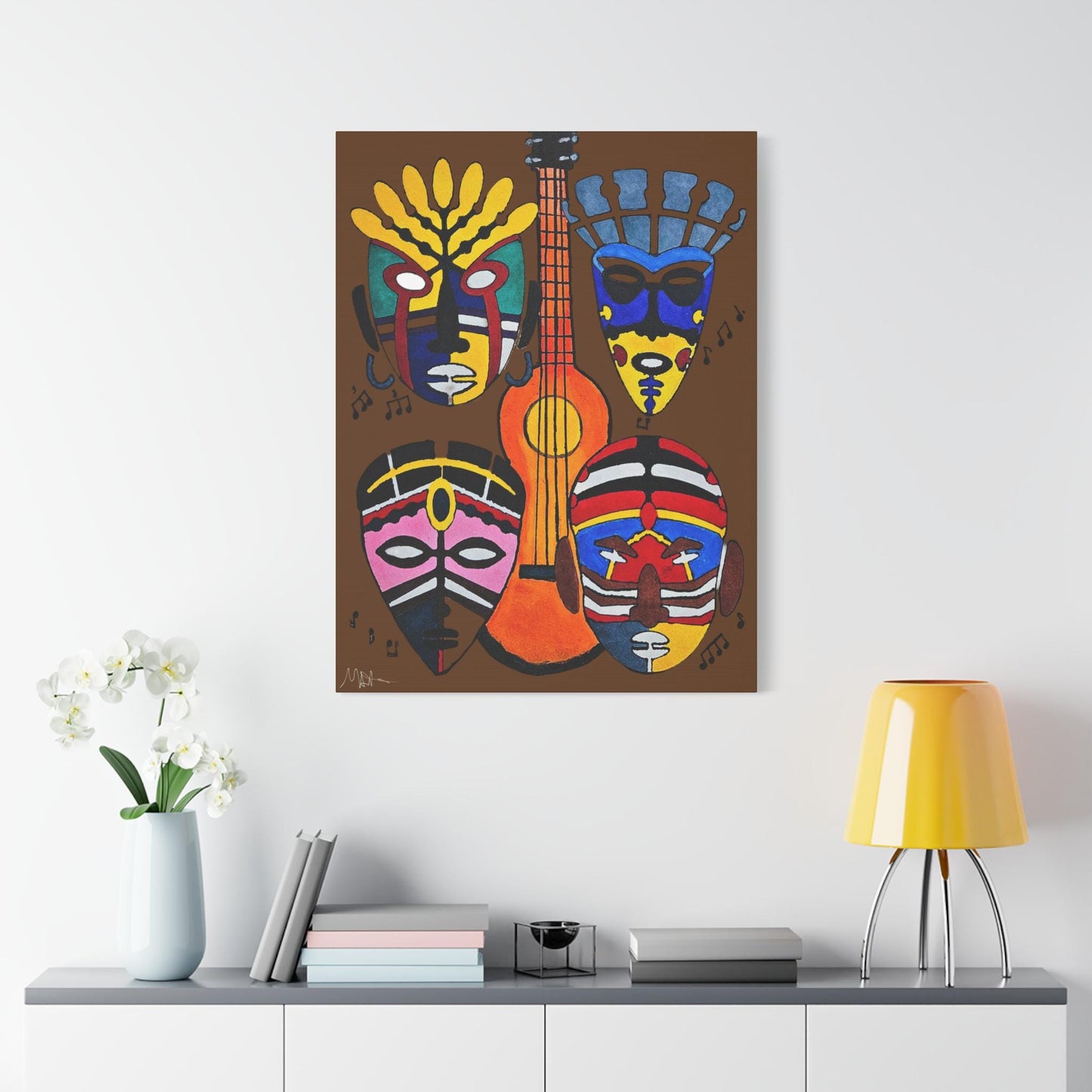 Tribal Mask Canvas, Singing Mask Painting, Wall Art Decor, Home Office Decoration