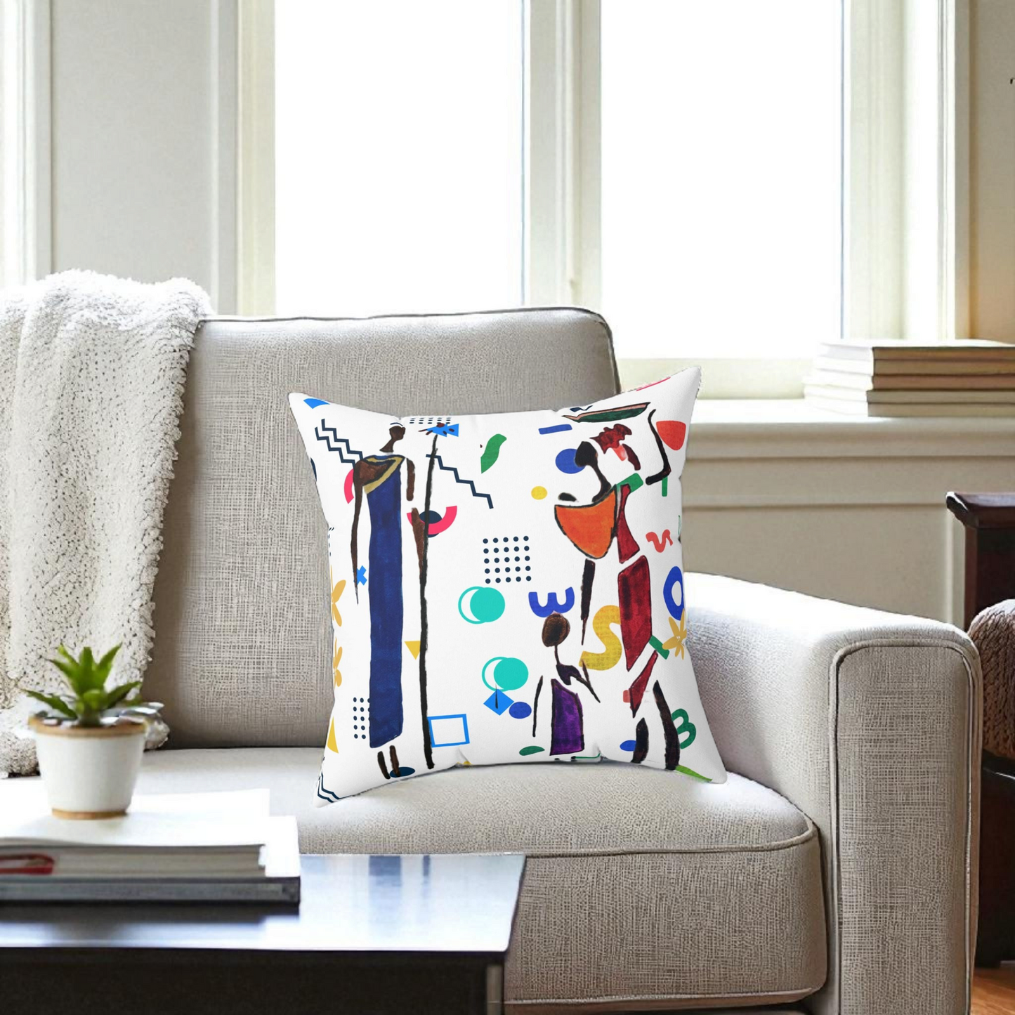 Ethnic Family Doodle Spun Polyester Square Pillow - Handcrafted Accent Throw Cushion