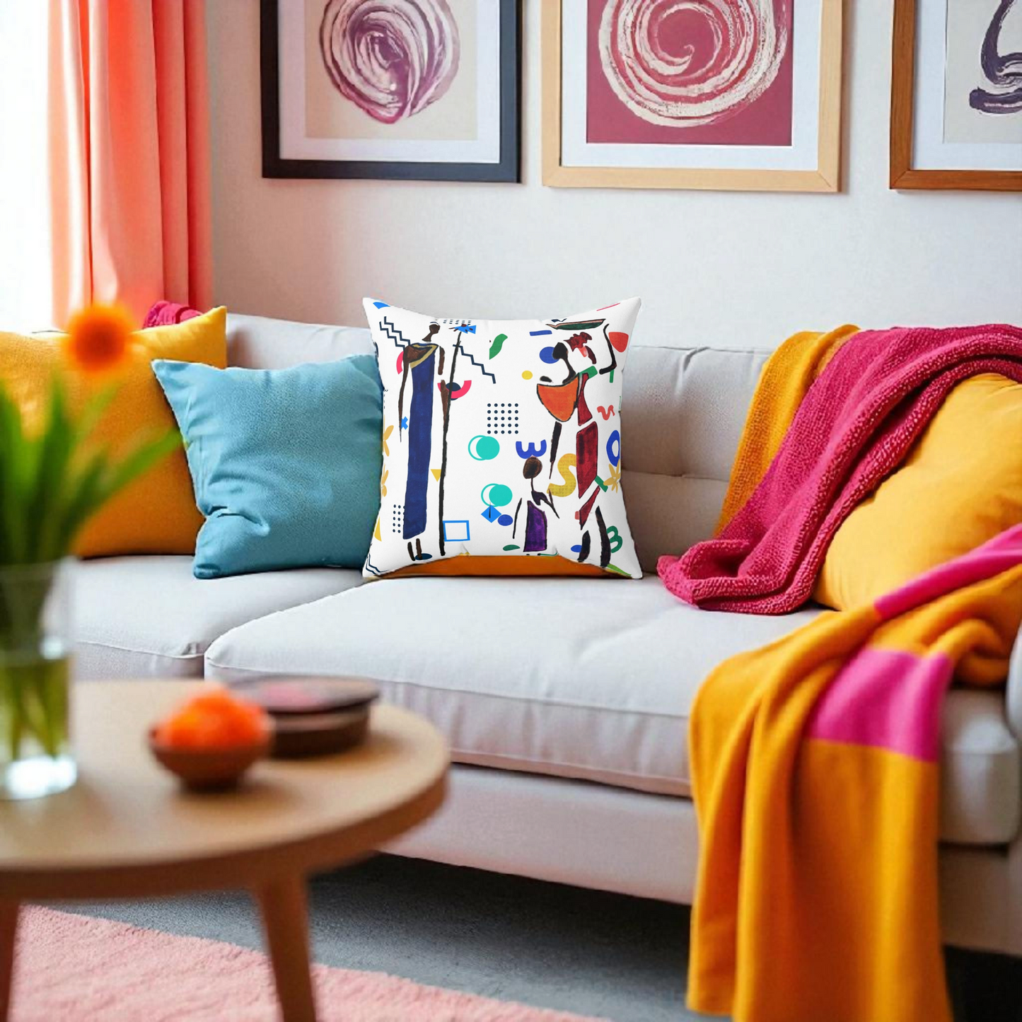 Ethnic Family Doodle Spun Polyester Square Pillow - Handcrafted Accent Throw Cushion