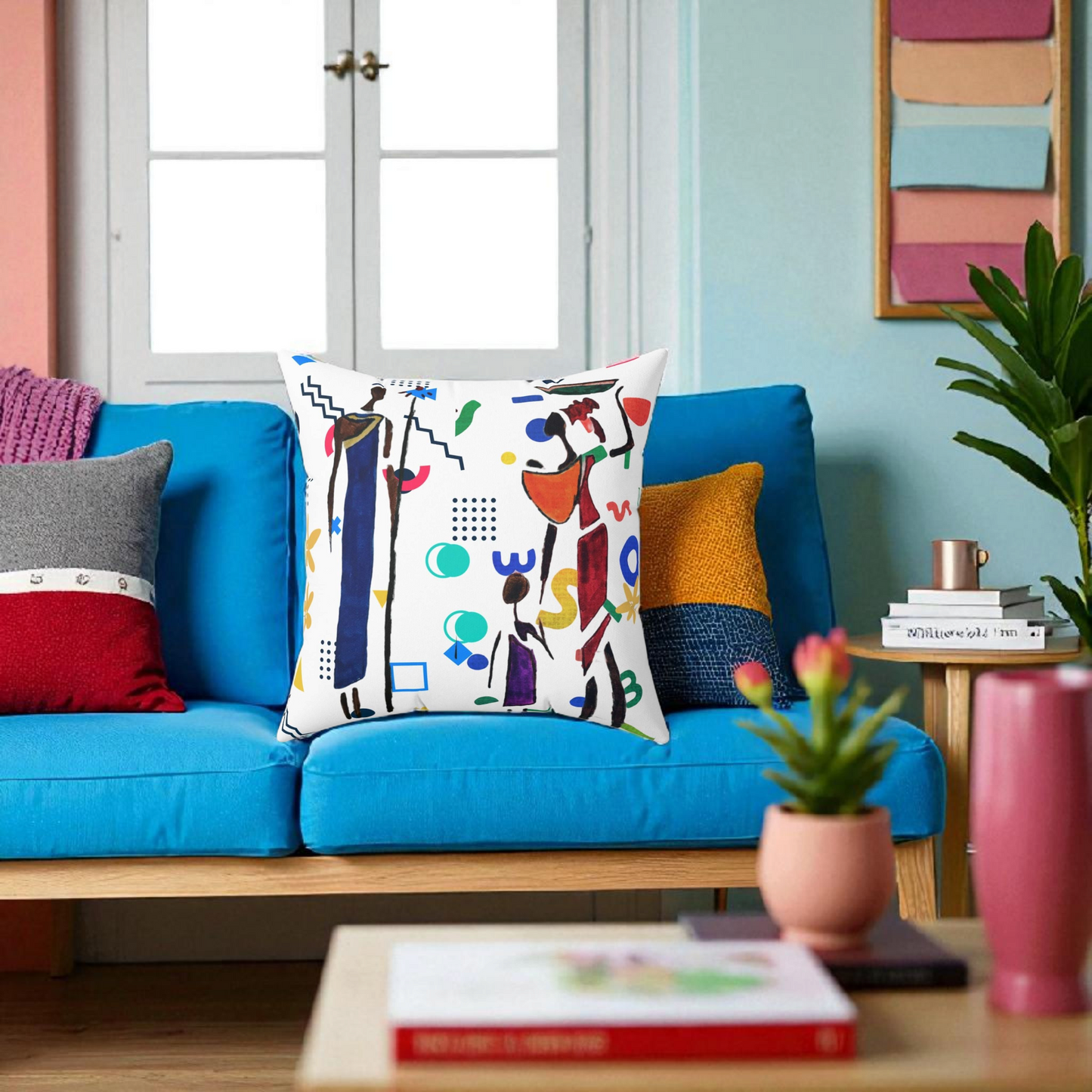 Ethnic Family Doodle Spun Polyester Square Pillow - Handcrafted Accent Throw Cushion