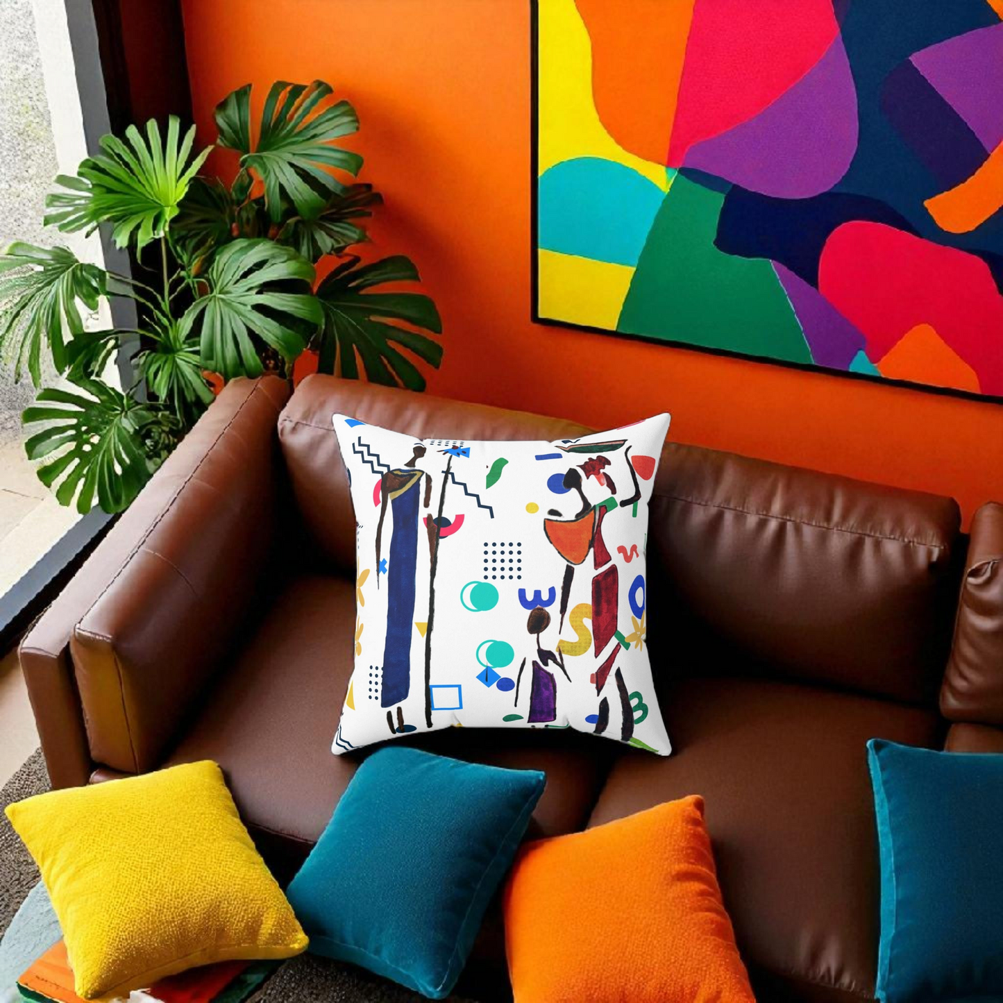 Ethnic Family Doodle Spun Polyester Square Pillow - Handcrafted Accent Throw Cushion