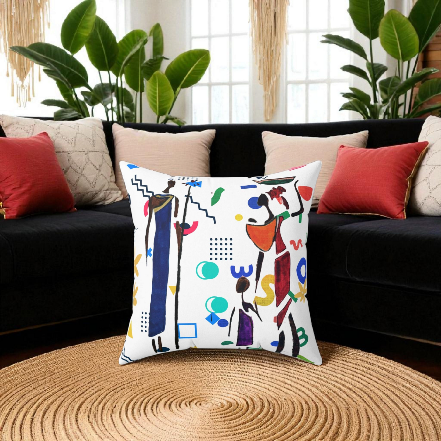 Ethnic Family Doodle Spun Polyester Square Pillow - Handcrafted Accent Throw Cushion