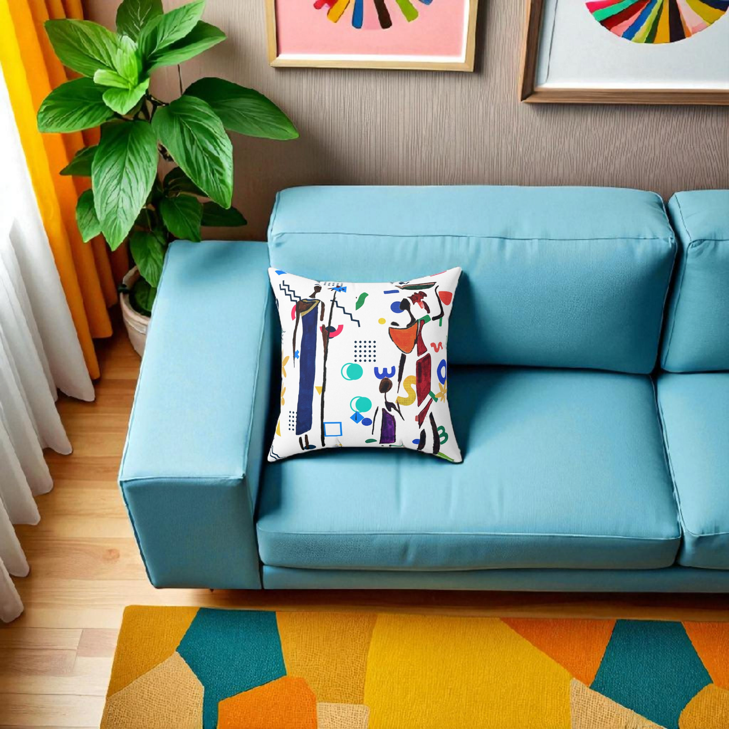 Ethnic Family Doodle Spun Polyester Square Pillow - Handcrafted Accent Throw Cushion