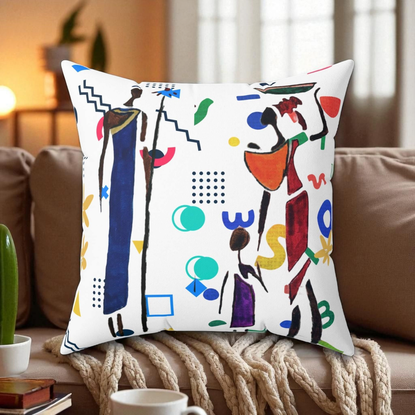Ethnic Family Doodle Spun Polyester Square Pillow - Handcrafted Accent Throw Cushion