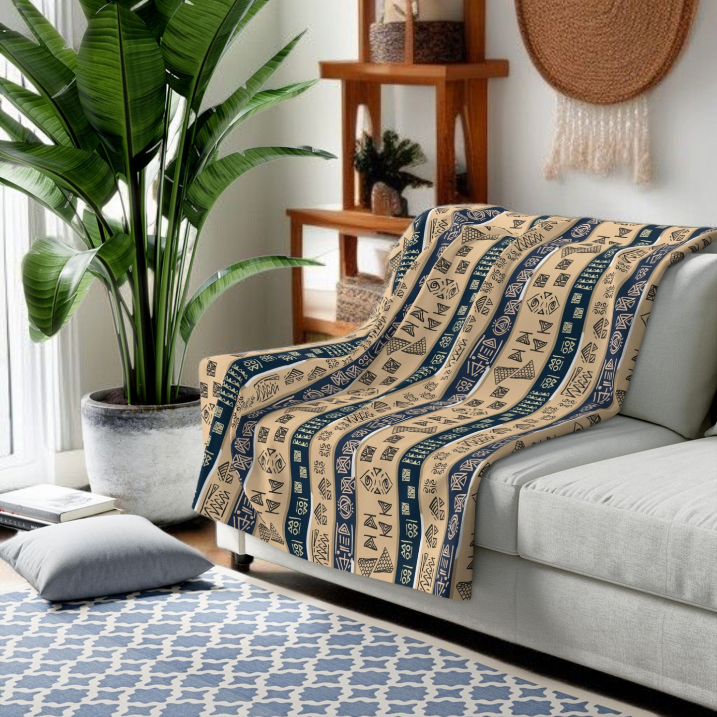 African Patterned Sherpa Fleece Blanket, Ethnic Throw Blanket, Cozy Winter Home Decor