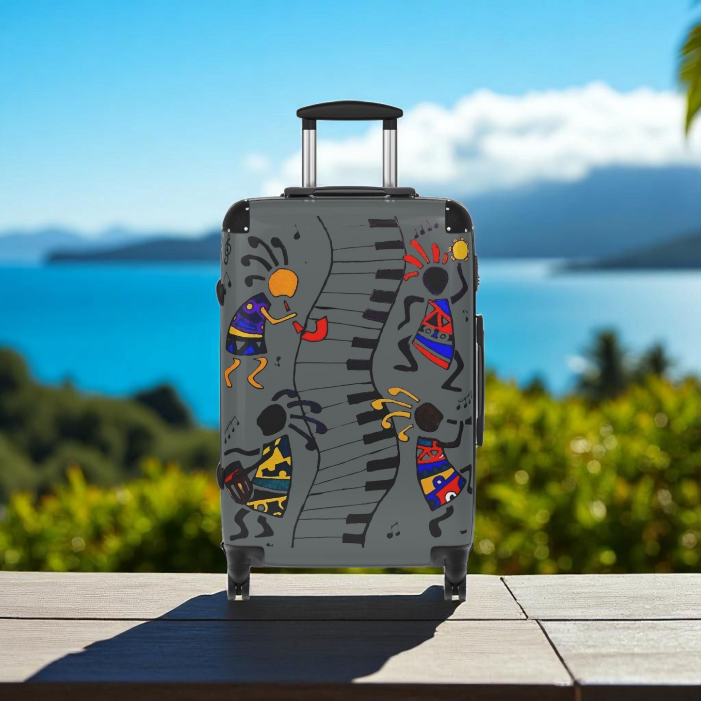 Suitcase, Afro Music Cartoon Suitcase, Handcrafted Luggage Bag, Traveler Gift