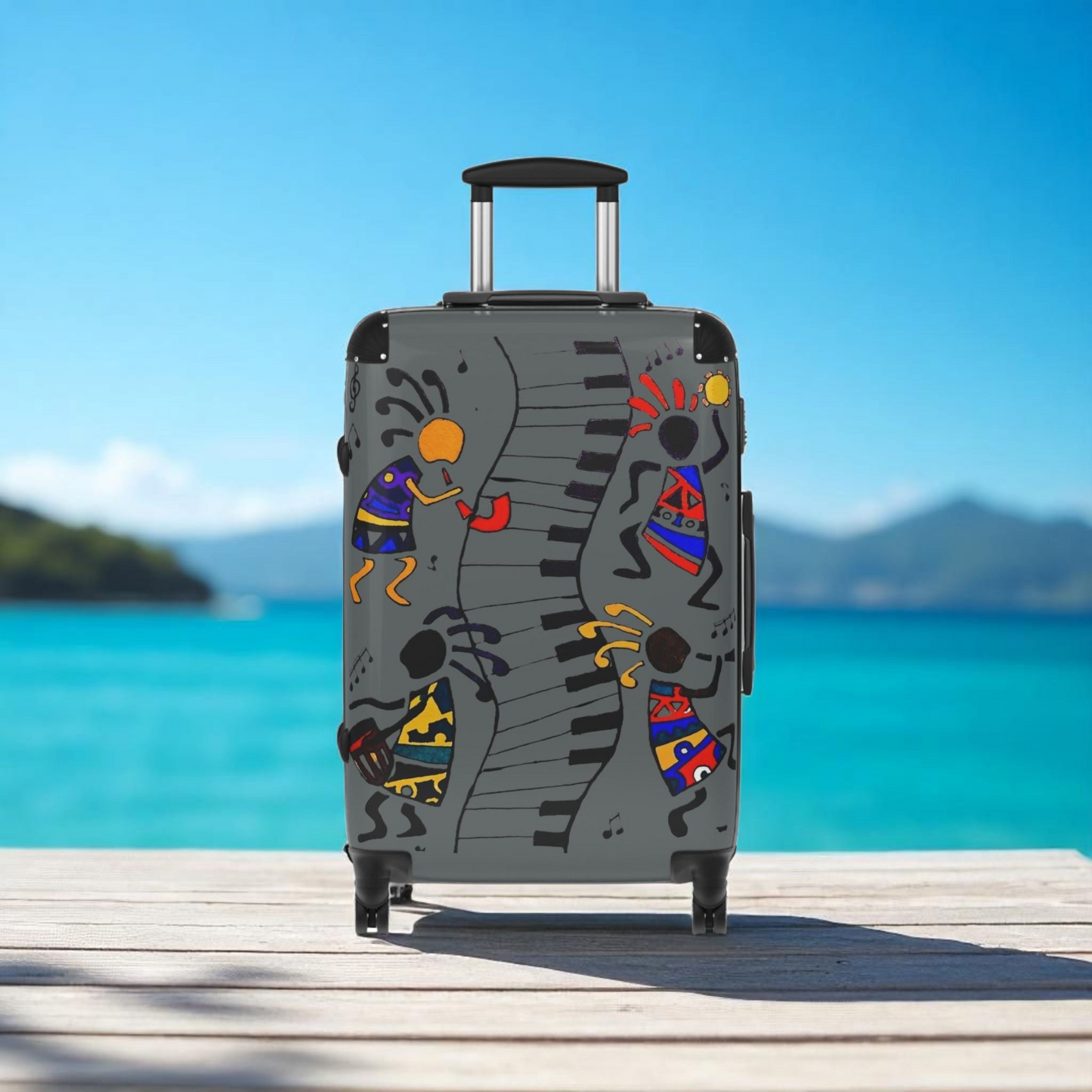 Suitcase, Afro Music Cartoon Suitcase, Handcrafted Luggage Bag, Traveler Gift