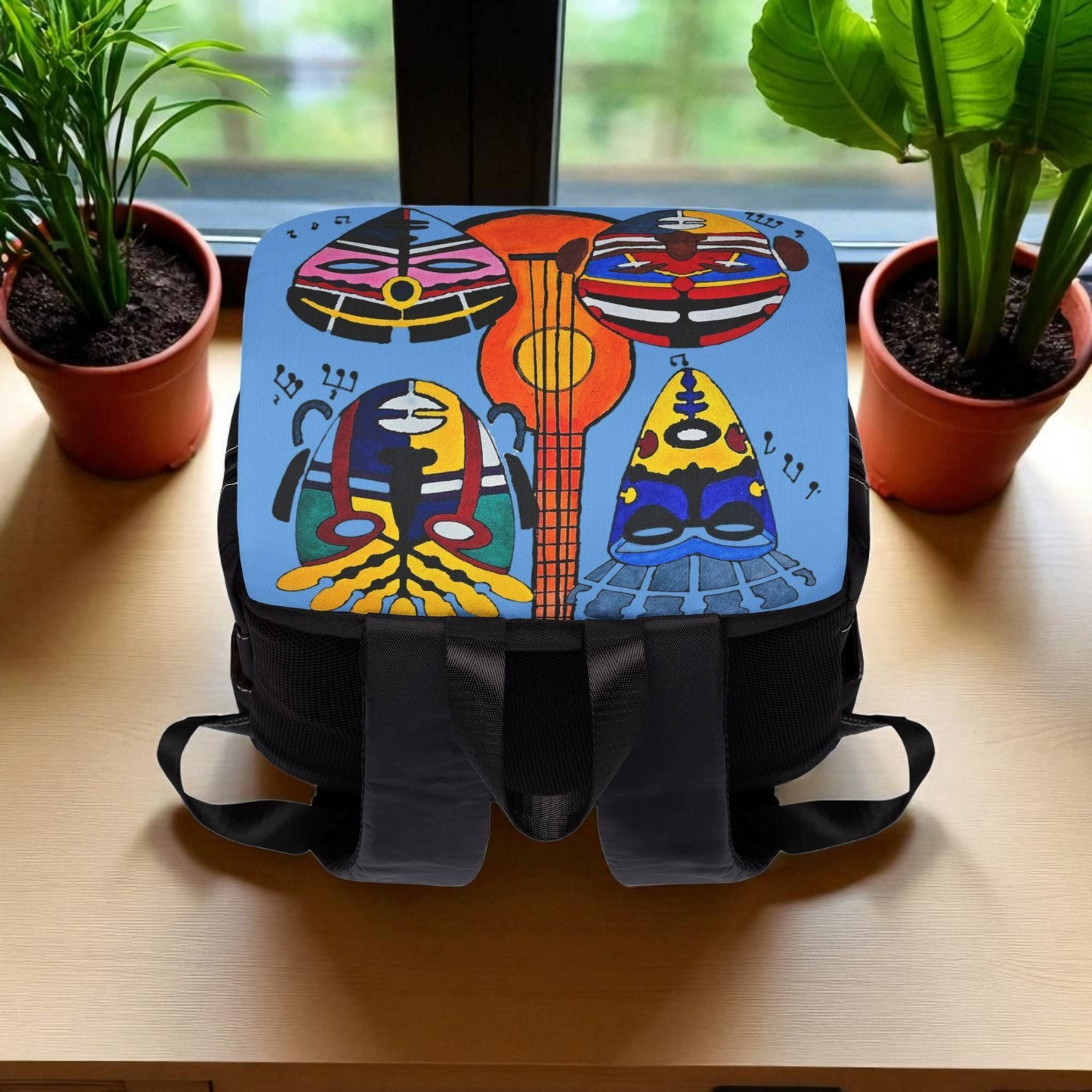 Afro Music Guitar Cartoon Backpack, Handcrafted Unisex Shoulder Bag, Music Lover Gift