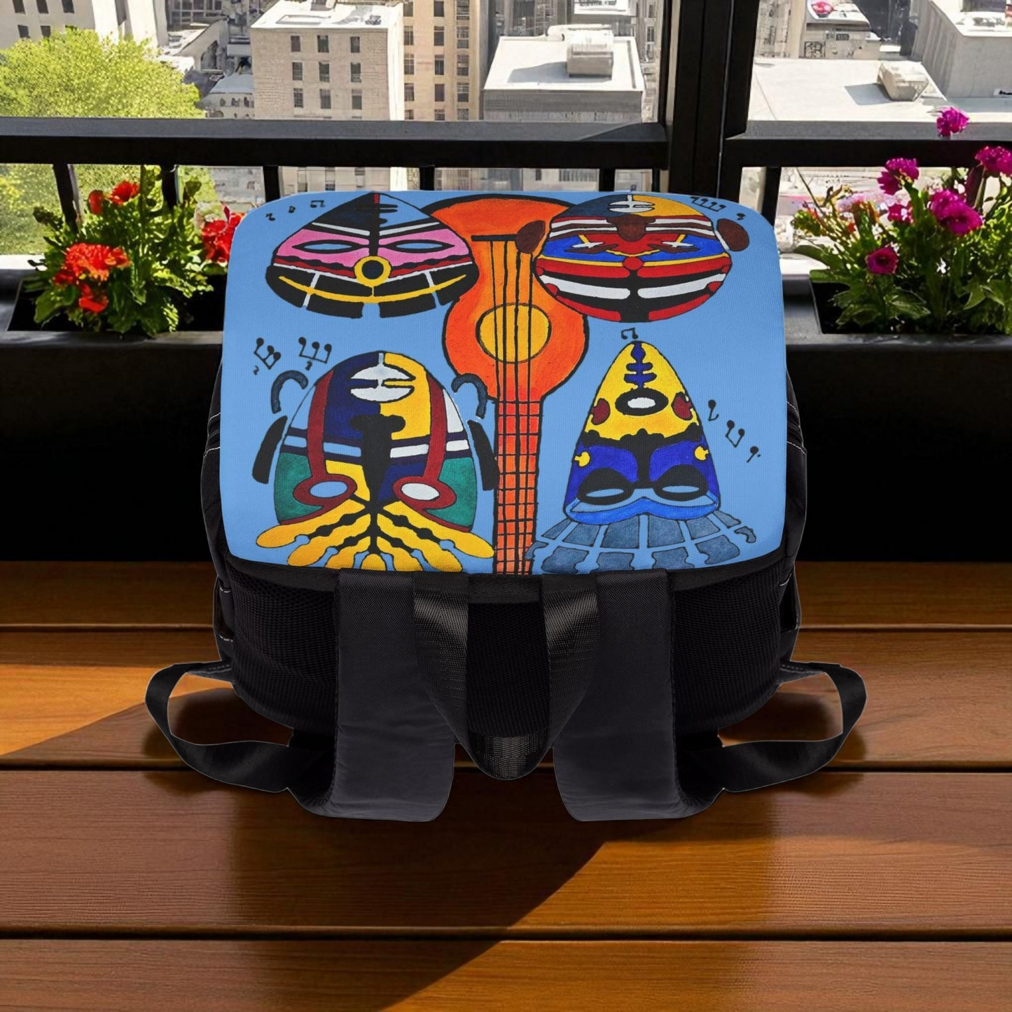 Afro Music Guitar Cartoon Backpack, Handcrafted Unisex Shoulder Bag, Music Lover Gift