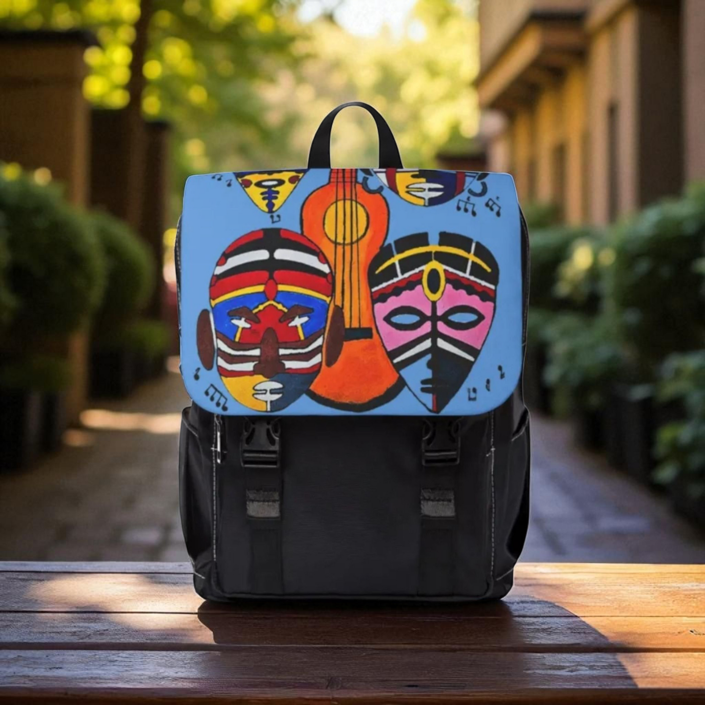 Afro Music Guitar Cartoon Backpack, Handcrafted Unisex Shoulder Bag, Music Lover Gift