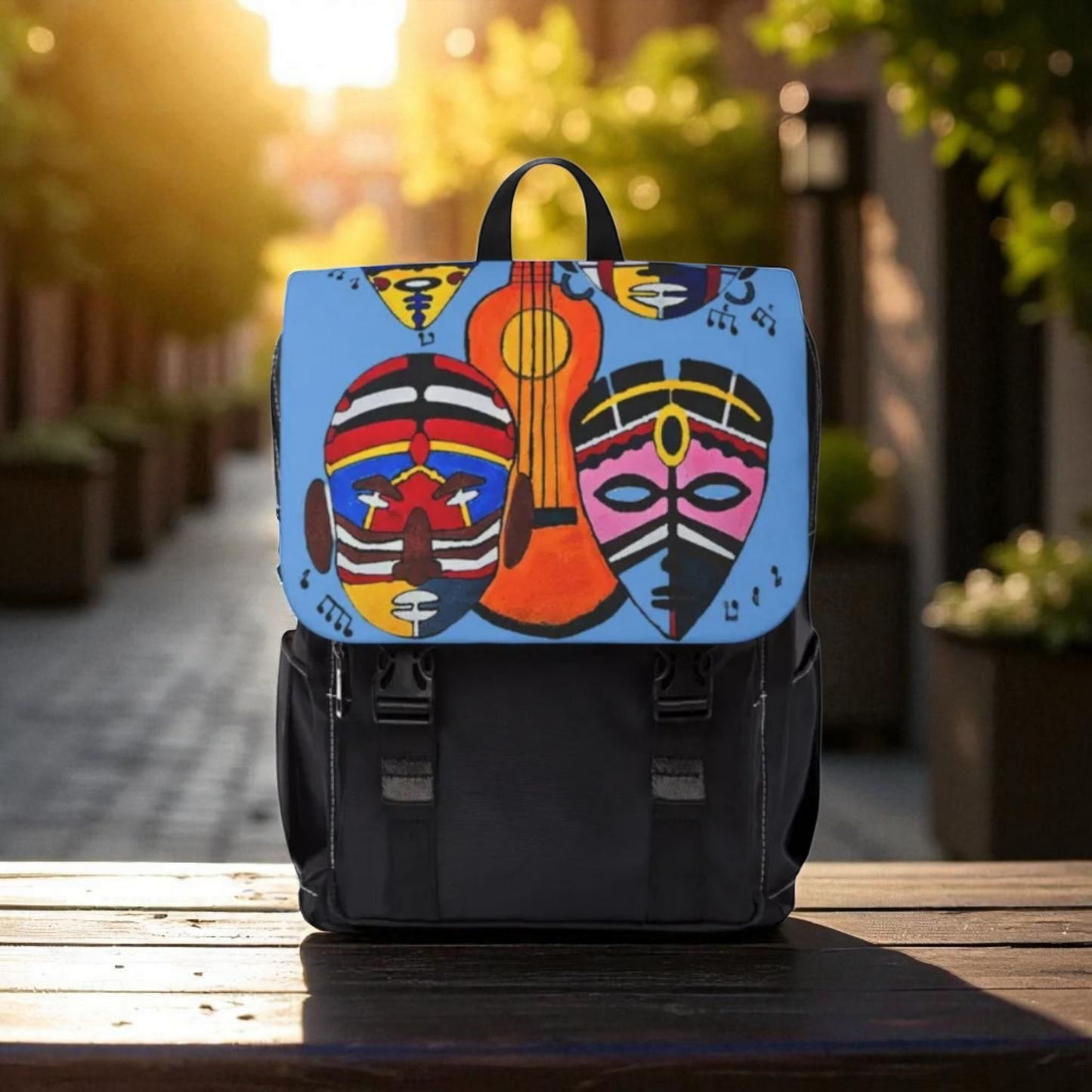 Afro Music Guitar Cartoon Backpack, Handcrafted Unisex Shoulder Bag, Music Lover Gift