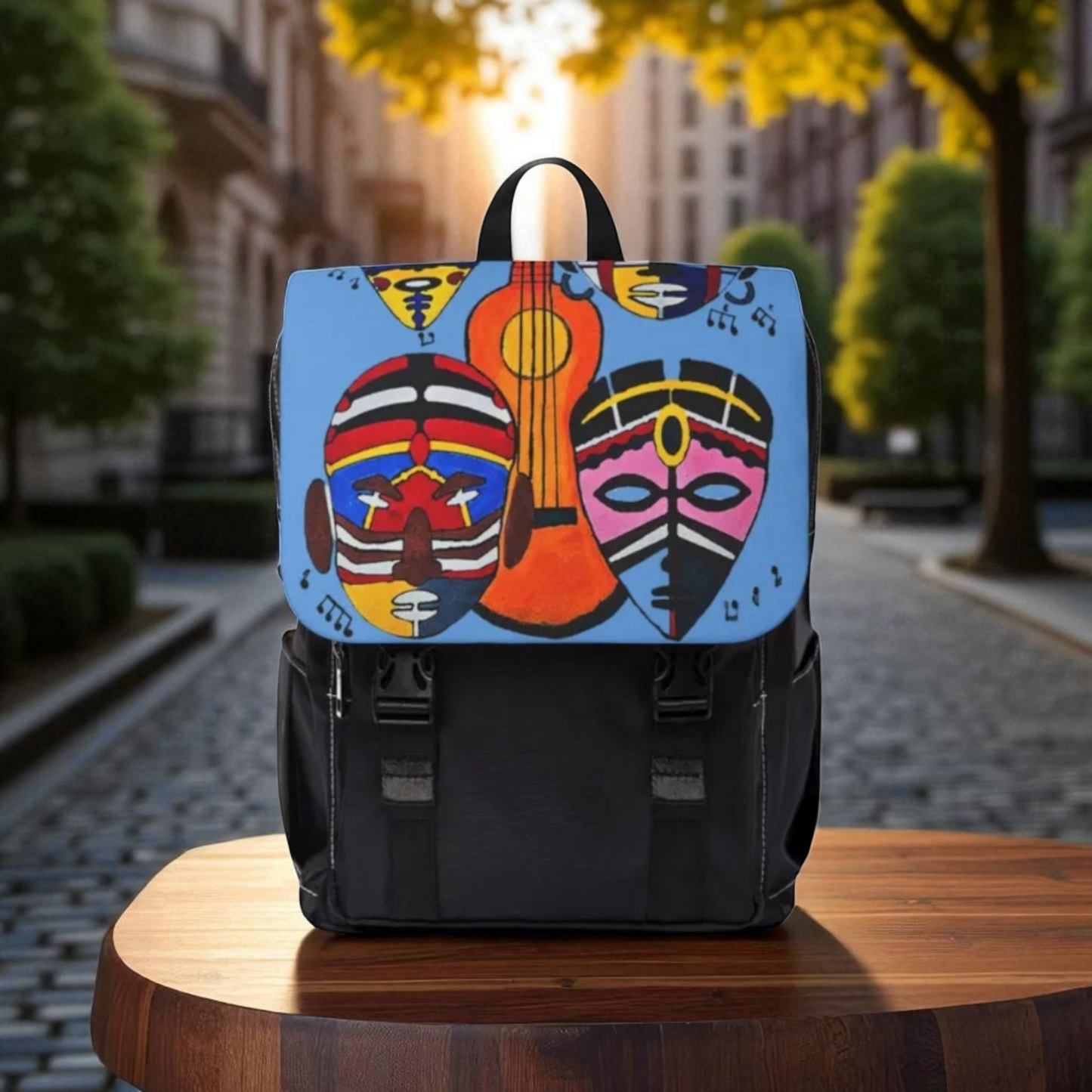 Afro Music Guitar Cartoon Backpack, Handcrafted Unisex Shoulder Bag, Music Lover Gift