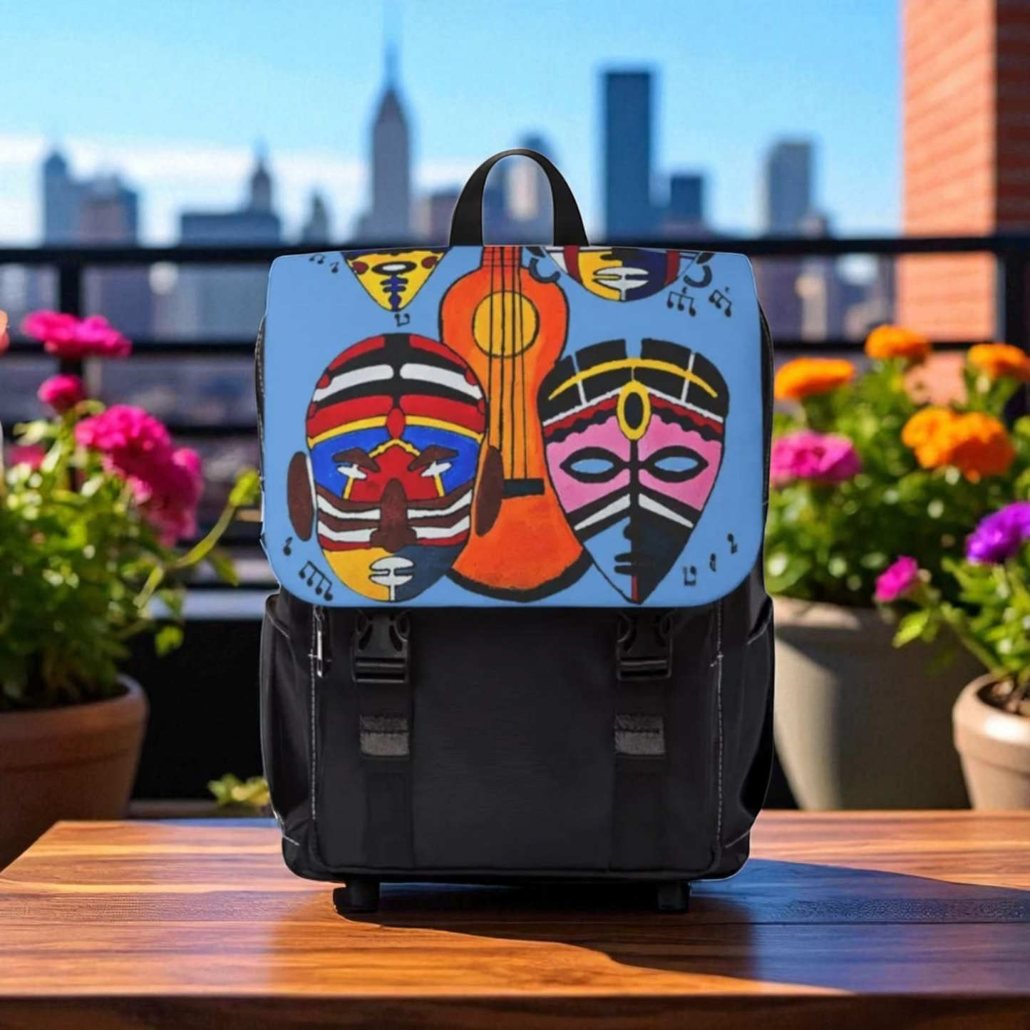 Afro Music Guitar Cartoon Backpack, Handcrafted Unisex Shoulder Bag, Music Lover Gift