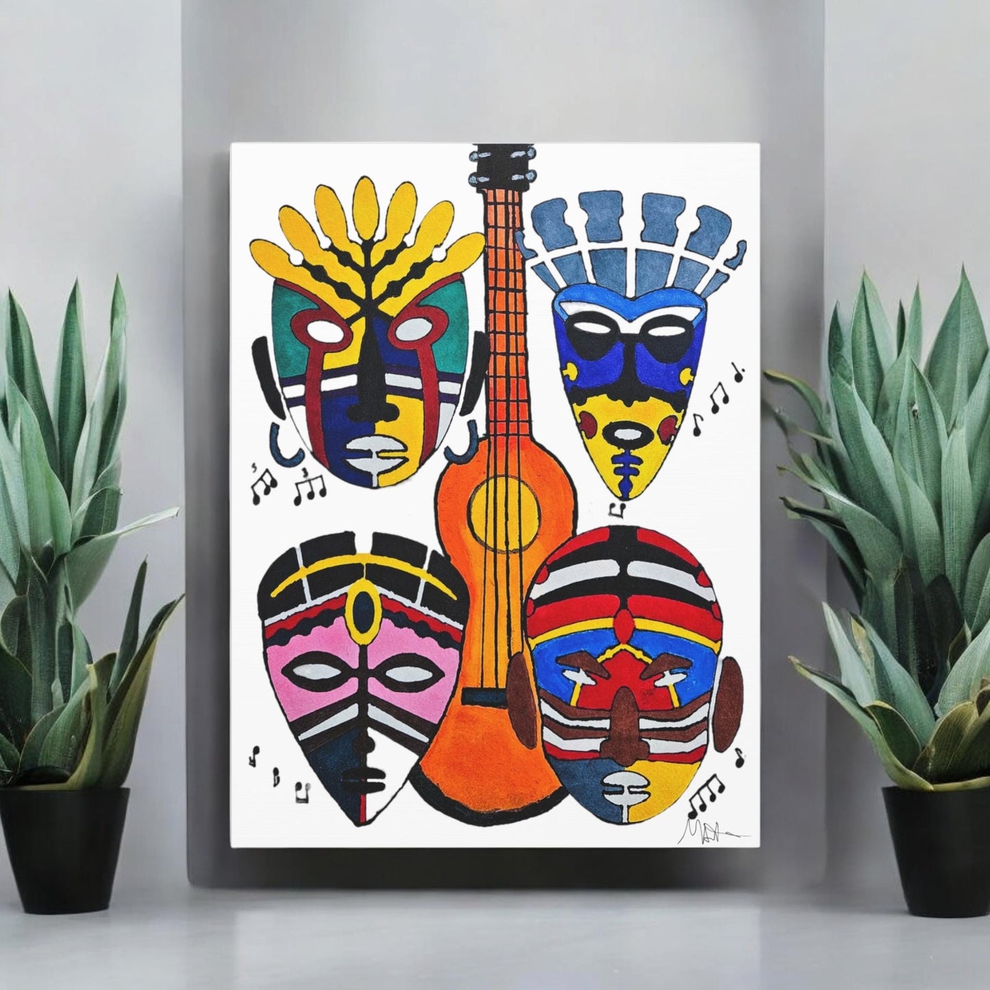 Tribal Mask Canvas, Singing Mask Painting, Wall Art Decor, Home Office Decoration