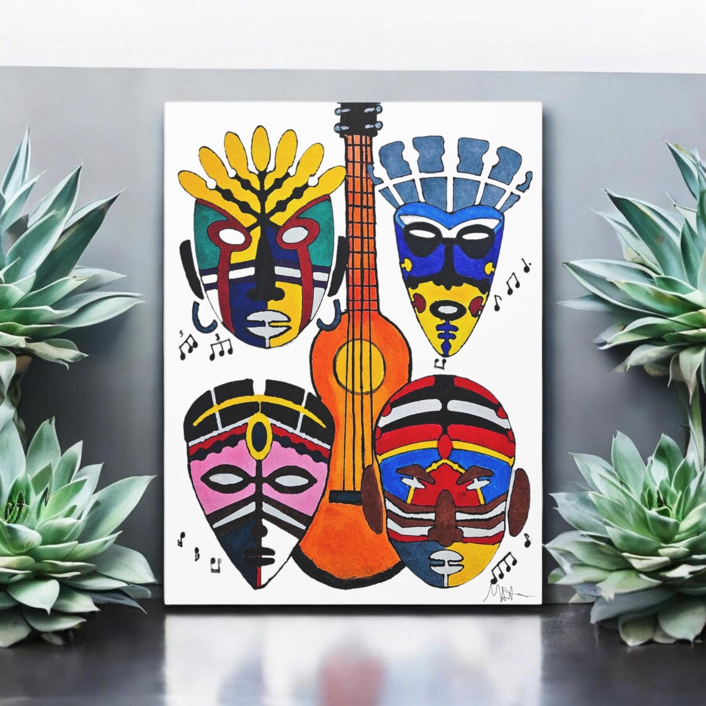 Tribal Mask Canvas, Singing Mask Painting, Wall Art Decor, Home Office Decoration