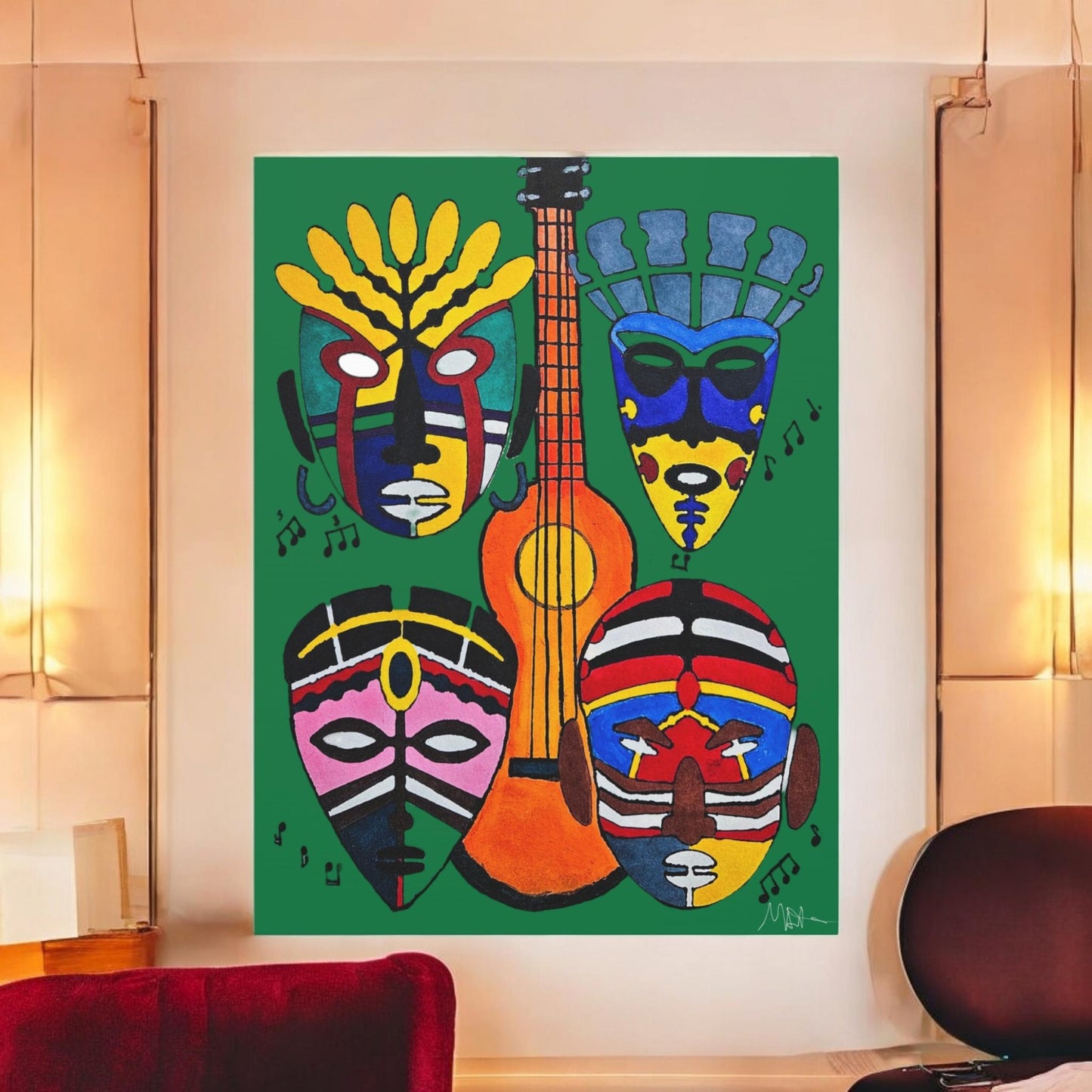 Tribal Mask Canvas, Singing Mask Painting, Wall Art Decor, Home Office Decoration