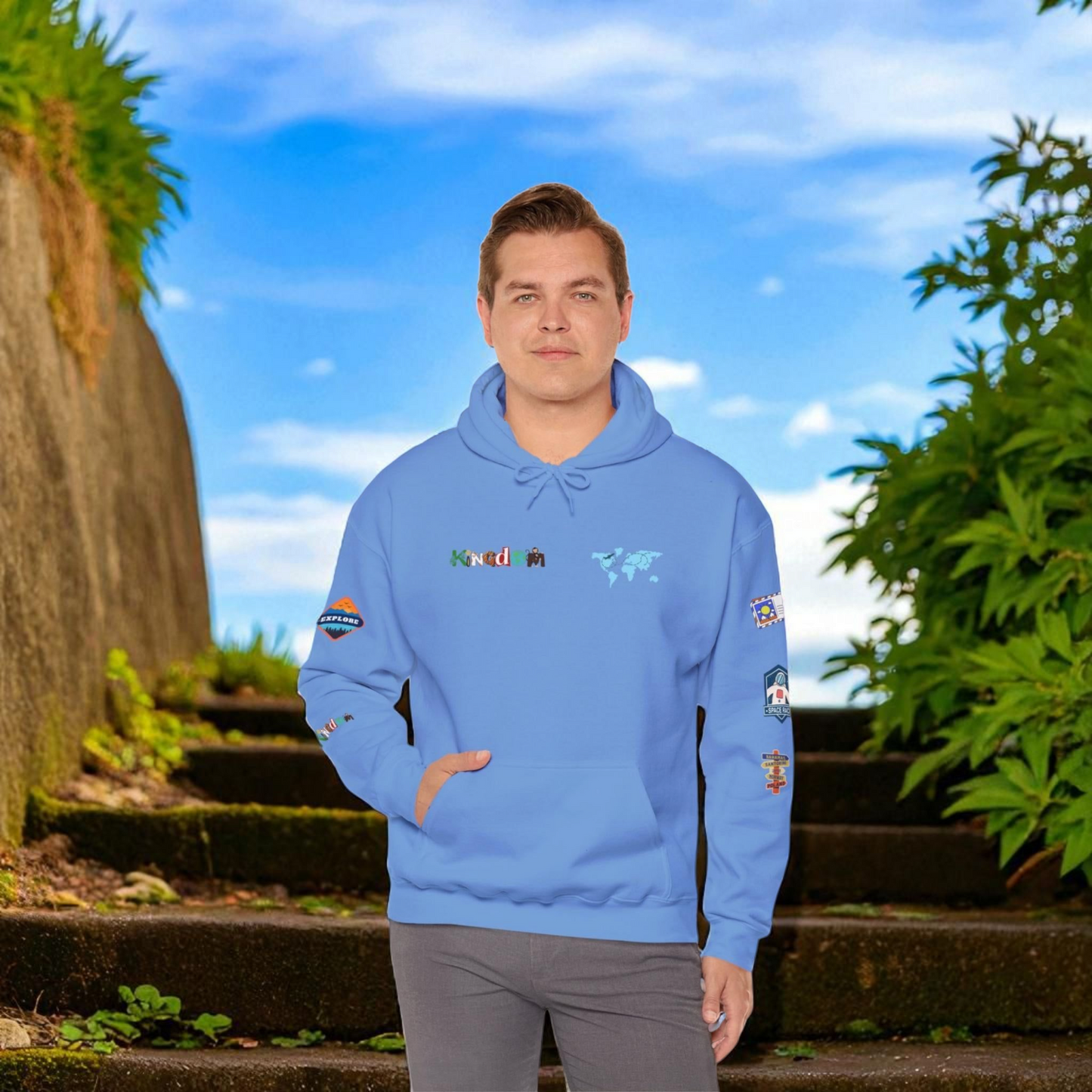 Travel Badge Graphic Hoodie, Wanderlust Sweatshirt, Vacation Inspired Pullover