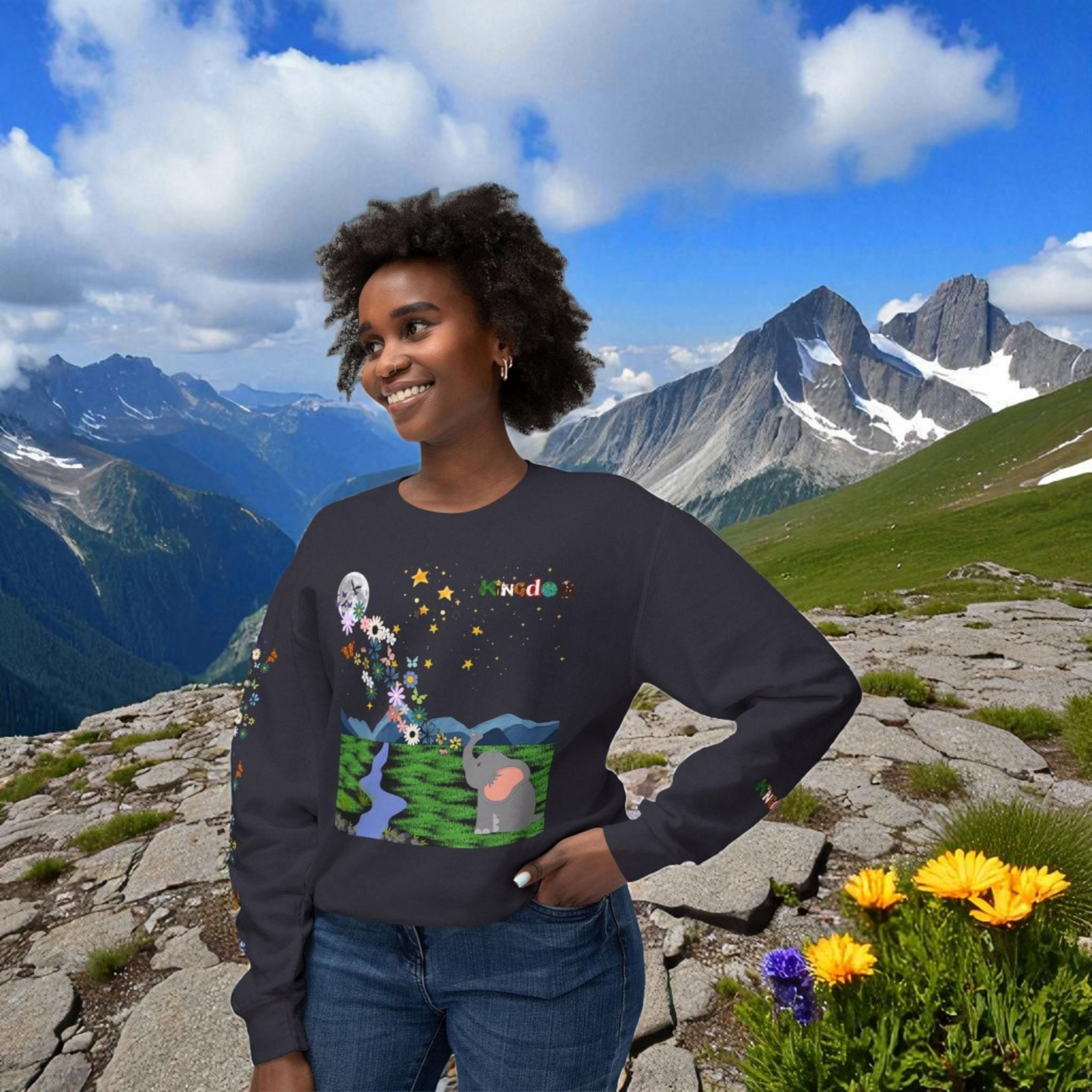 Nature Inspired Elephant Floral Unisex Sweatshirt, Wildlife Graphic Crewneck Sweater