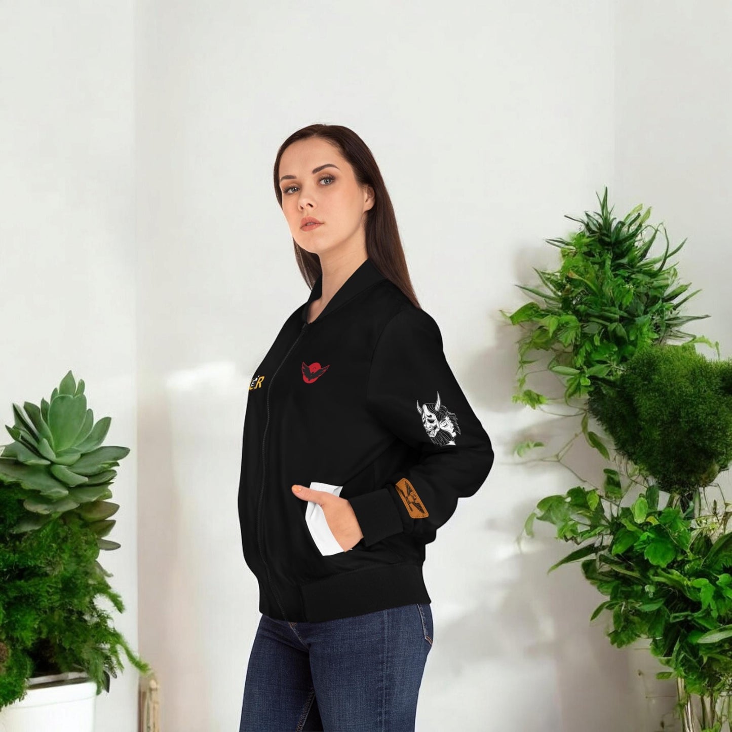 Dragon Graphic Women's Bomber Jacket, Mythical All Over Design, Zip Up Outerwear