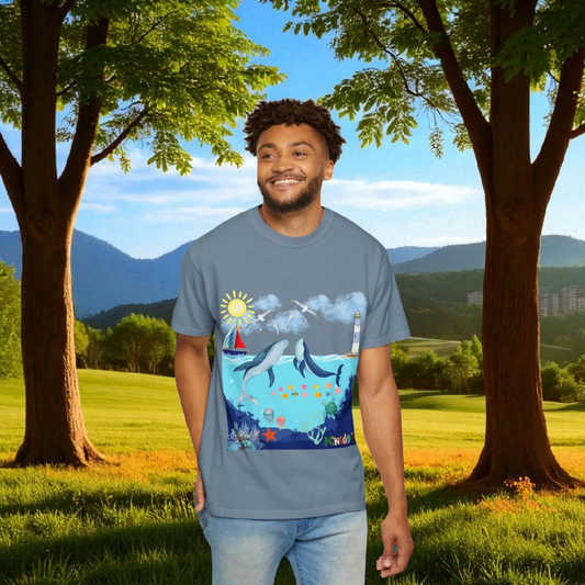 Nautical Ocean Life Whales Graphic Unisex T-Shirt, Nature Art Tee, Beachwear Shirt