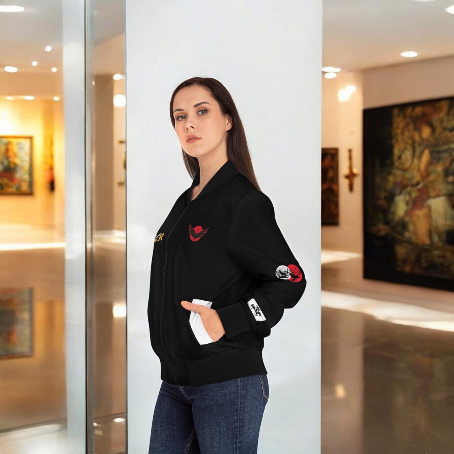 Wolf Themed Women's Bomber Jacket, Illusion Art Graphic Outerwear