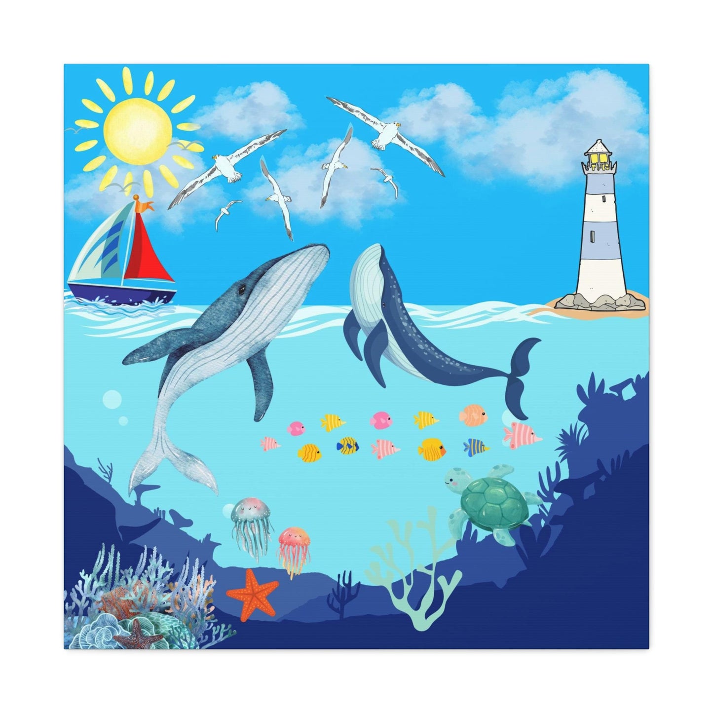 Whale Art Canvas, Ocean Life Wall Art, Nautical Home Decor, Coastal Canvas Print
